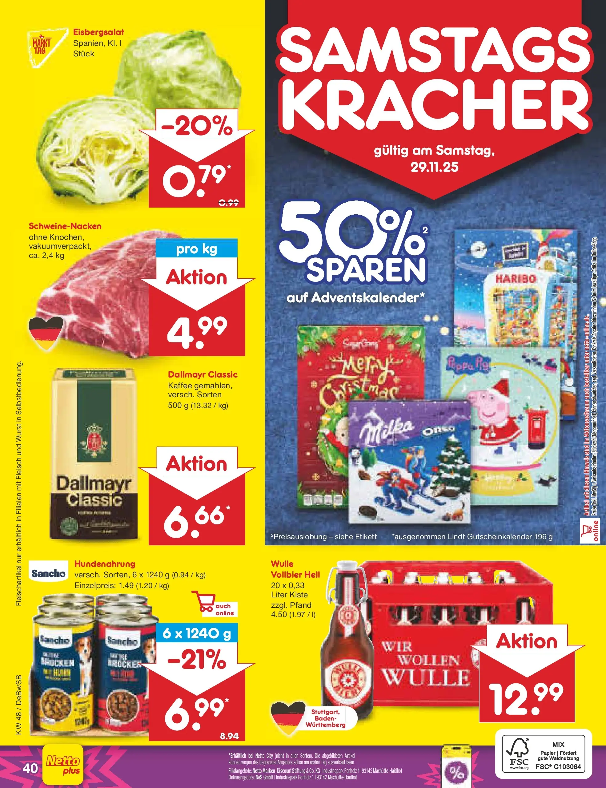 Netto Marken-Discount prospekt Waiblingen-Bittenfeld	 (ab 24.11.2025) » Angebote | Seite: 48 | Produkte: Schweinenacken, Eisbergsalat, Wurst, Fleisch