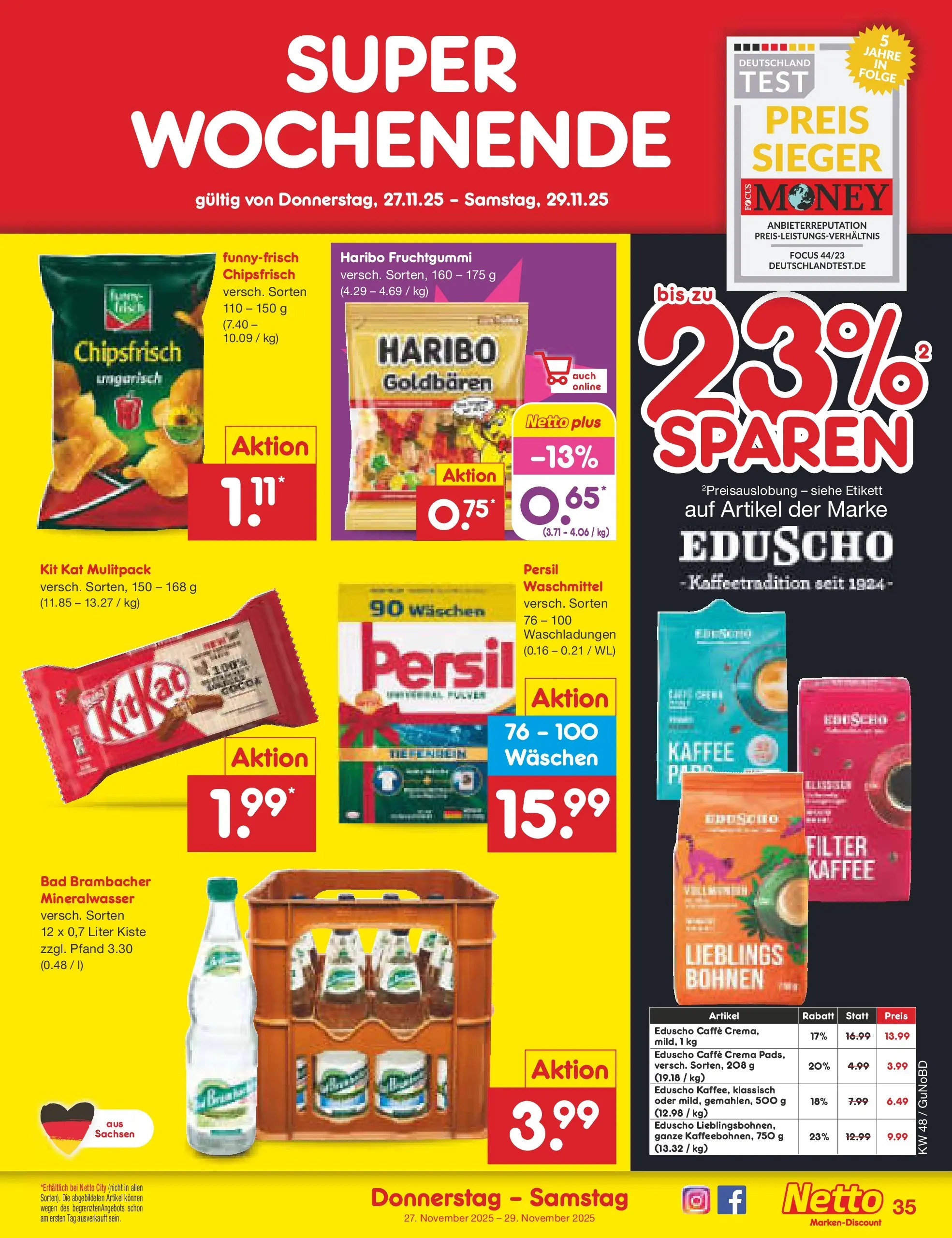 Netto Marken-Discount prospekt Augustusburg	 (ab 23.11.2025) » Angebote | Seite: 43 | Produkte: Mineralwasser, Waschmittel, Eduscho, Persil