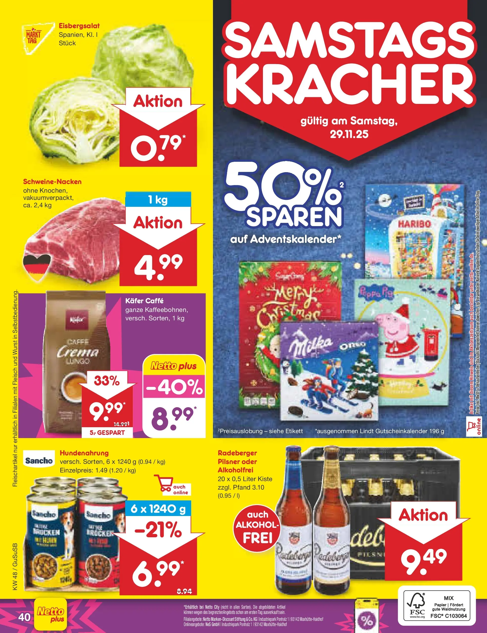Netto Marken-Discount prospekt Rodewisch	 (ab 24.11.2025) » Angebote | Seite: 48 | Produkte: Schweinenacken, Eisbergsalat, Lindt, Fleisch