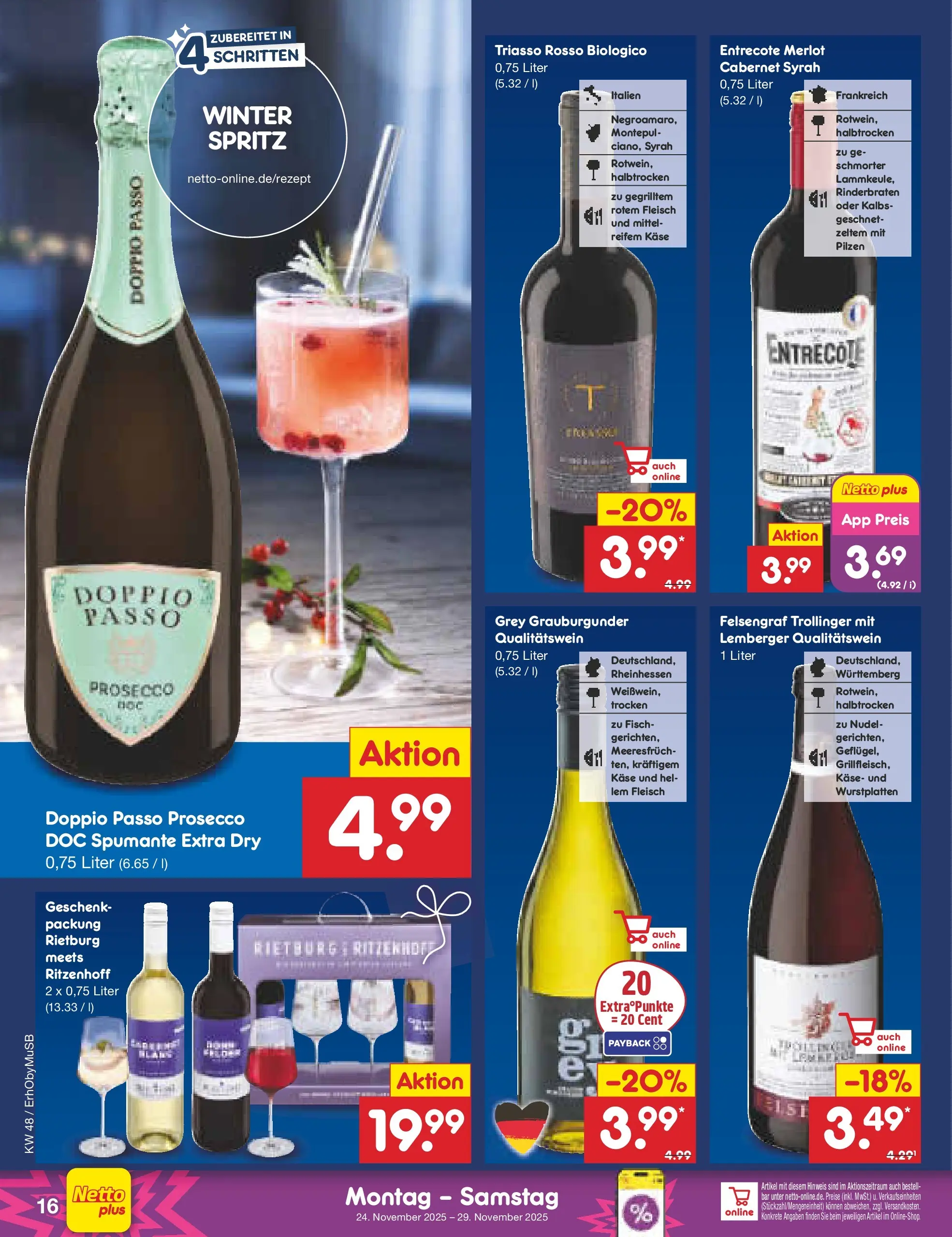 Netto Marken-Discount prospekt München	 (ab 23.11.2025) » Angebote | Seite: 16 | Produkte: Entrecote, Prosecco, Doppio Passo, Fleisch