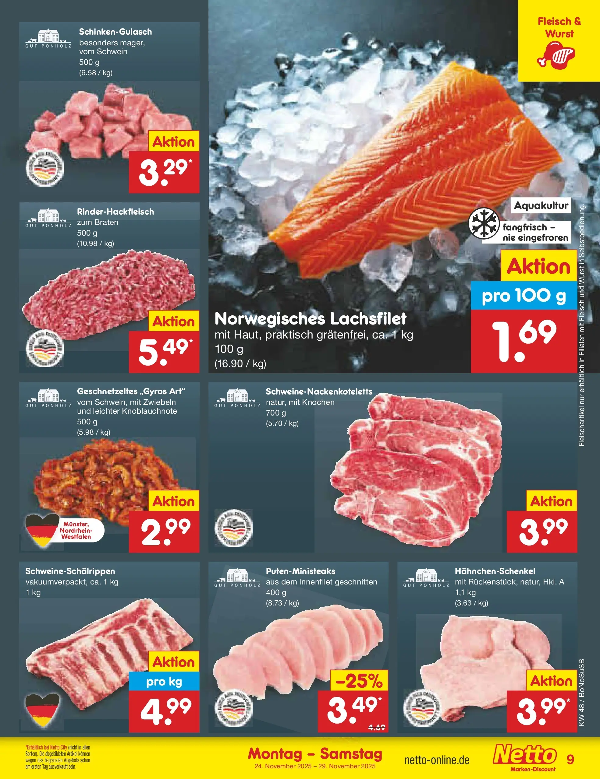 Netto Marken-Discount prospekt Herne	 (ab 24.11.2025) » Angebote | Seite: 9 | Produkte: Hahnchenschenkel, Zwiebeln, Wurst, Fleisch