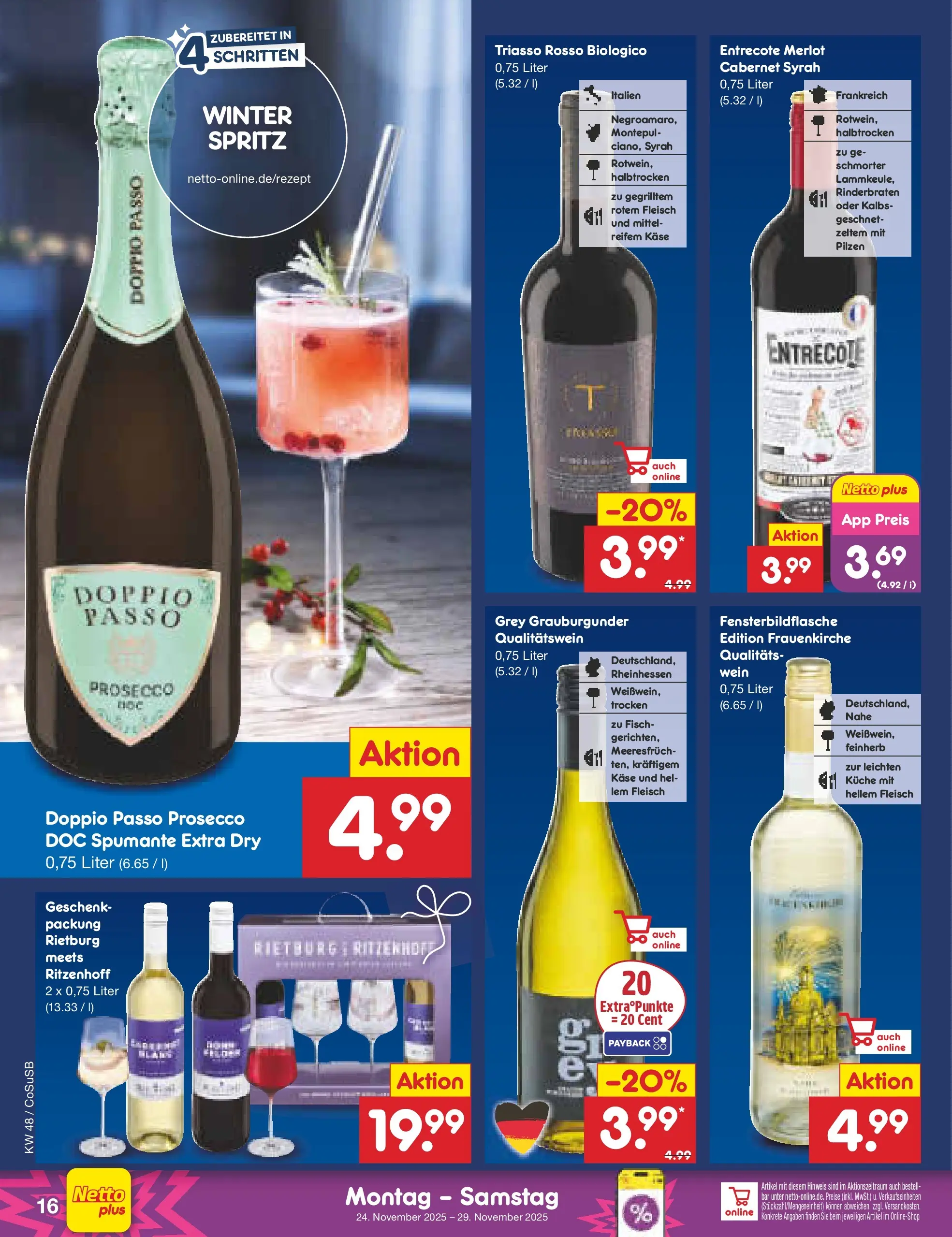Netto Marken-Discount prospekt Bitterfeld-Wolfen	 (ab 24.11.2025) » Angebote | Seite: 16 | Produkte: Merlot, Entrecote, Wein, Fleisch