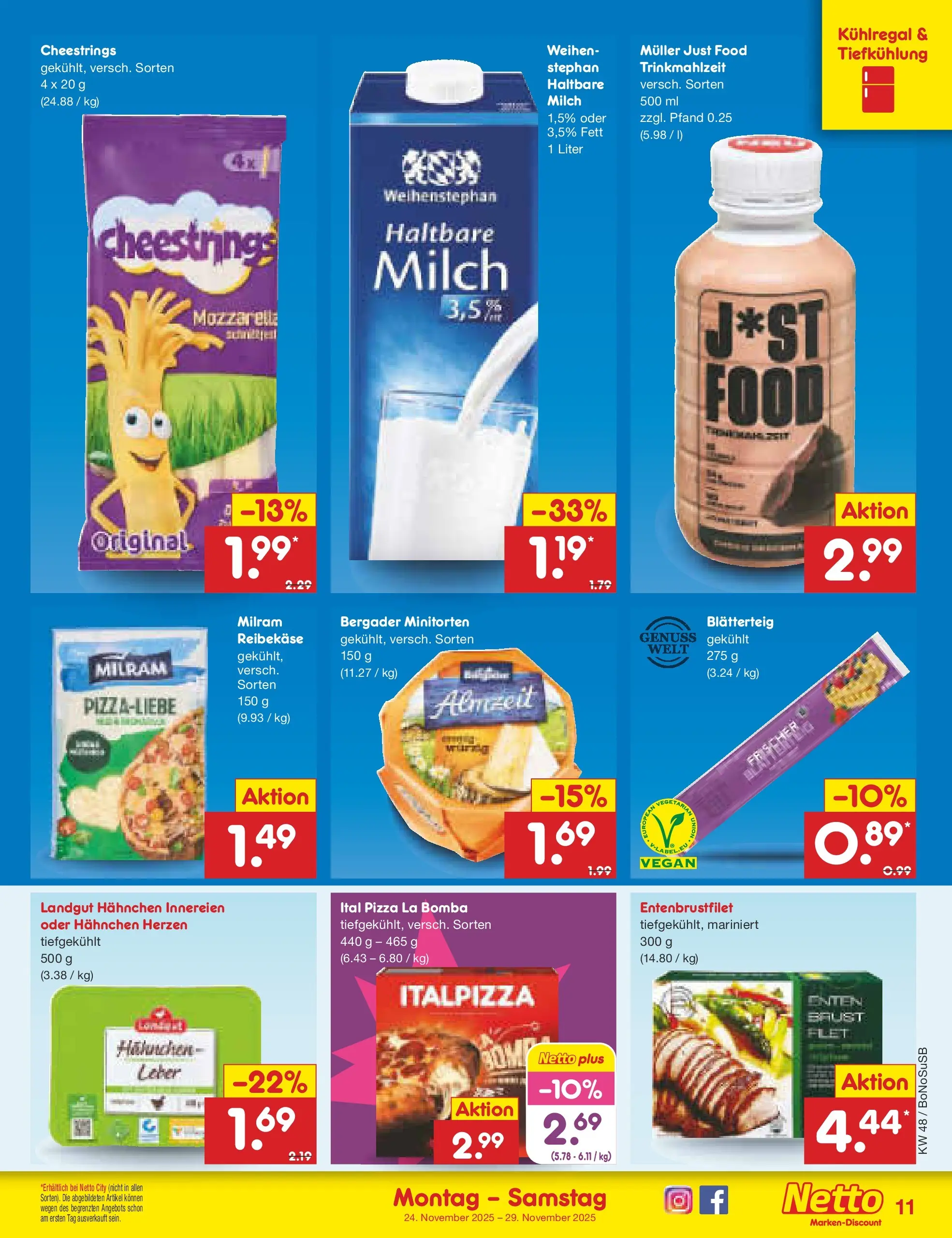 Netto Marken-Discount prospekt Herne	 (ab 24.11.2025) » Angebote | Seite: 11 | Produkte: Hahnchen, Milch, Milram, Reibekase
