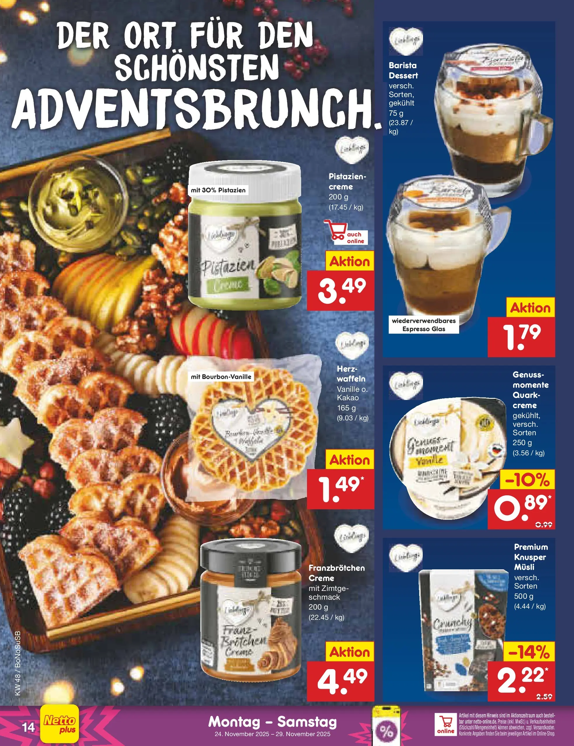 Netto Marken-Discount prospekt Herne	 (ab 24.11.2025) » Angebote | Seite: 14 | Produkte: Quark, Pistazien, Creme, Waffeln