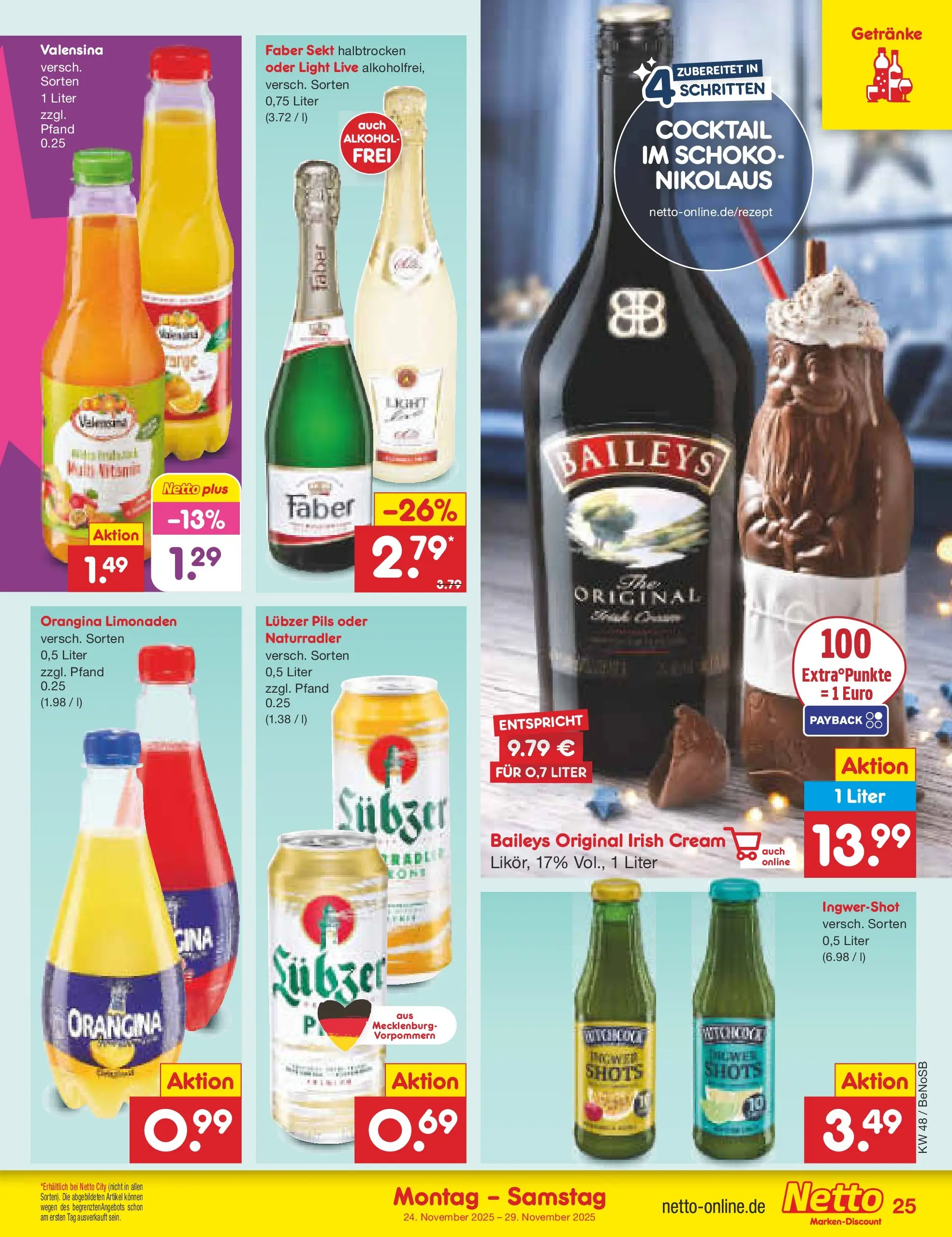 Netto Marken-Discount prospekt Bergen Auf Rügen	 (ab 24.11.2025) » Angebote | Seite: 31 | Produkte: Pils, Radler, Baileys, Lubzer