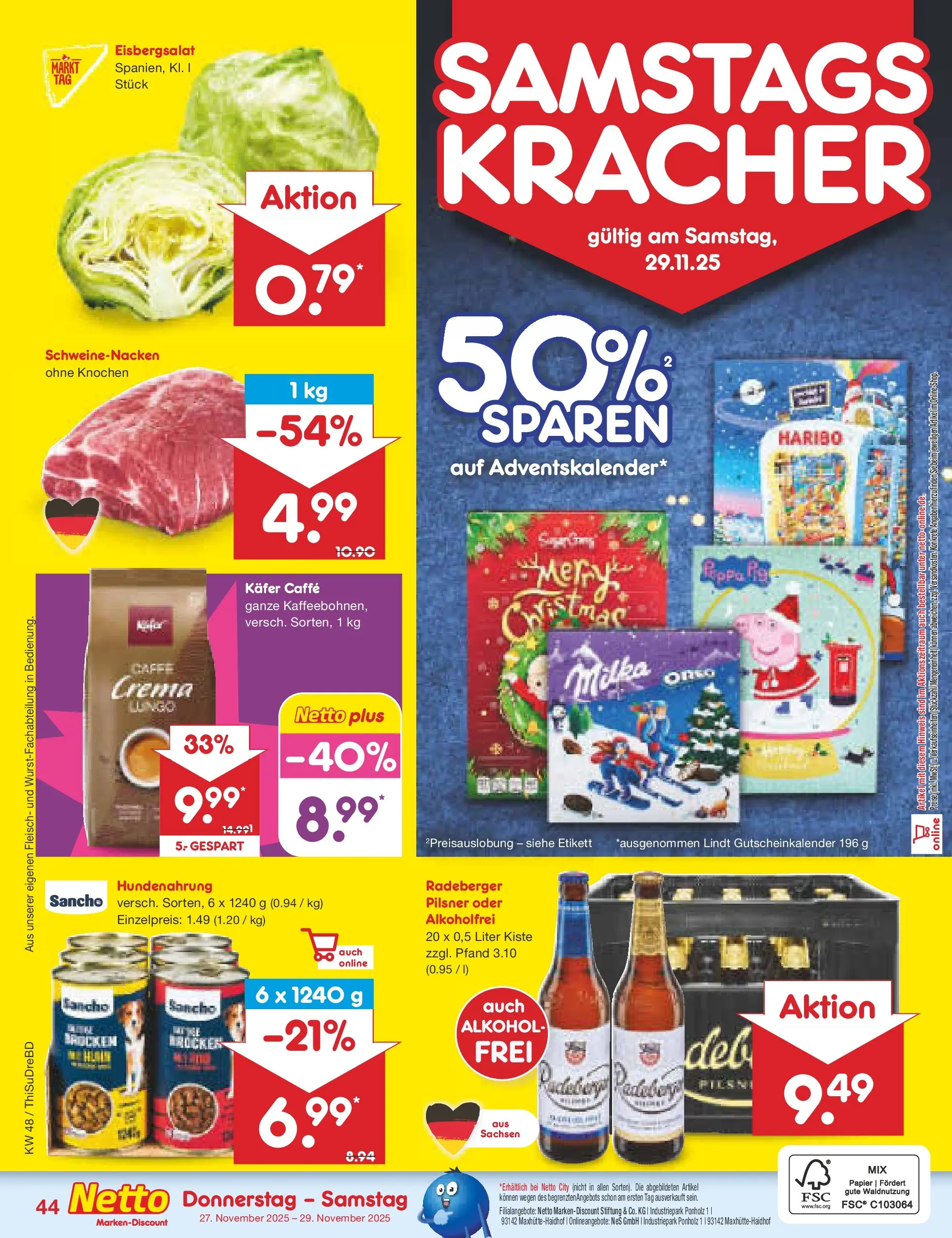 Netto Marken-Discount prospekt Thiendorf	 (ab 24.11.2025) » Angebote | Seite: 52 | Produkte: Schweinenacken, Eisbergsalat, Milka, Fleisch