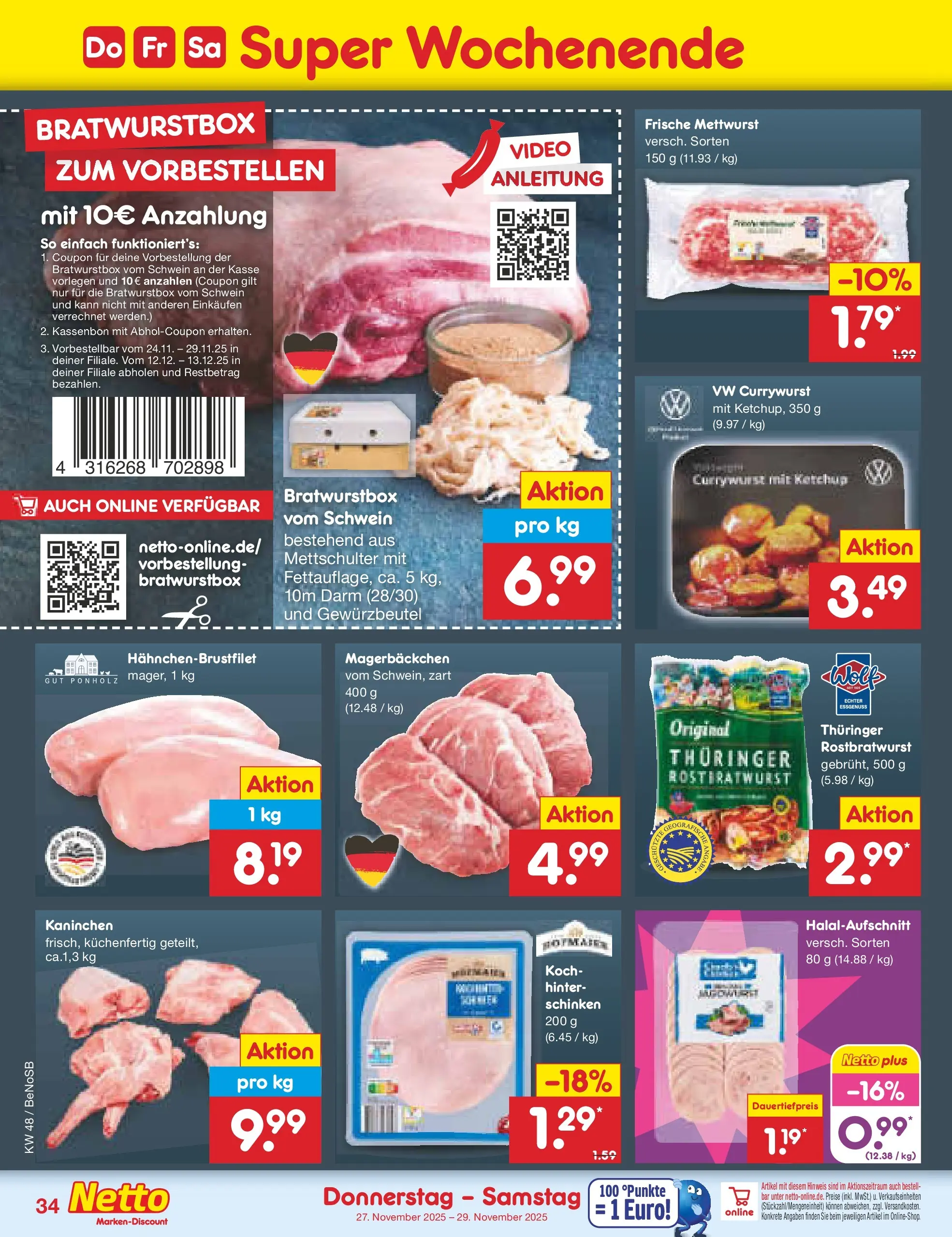 Netto Marken-Discount prospekt Bergen Auf Rügen	 (ab 24.11.2025) » Angebote | Seite: 42 | Produkte: Kaninchen, Schinken, Ketchup, Video