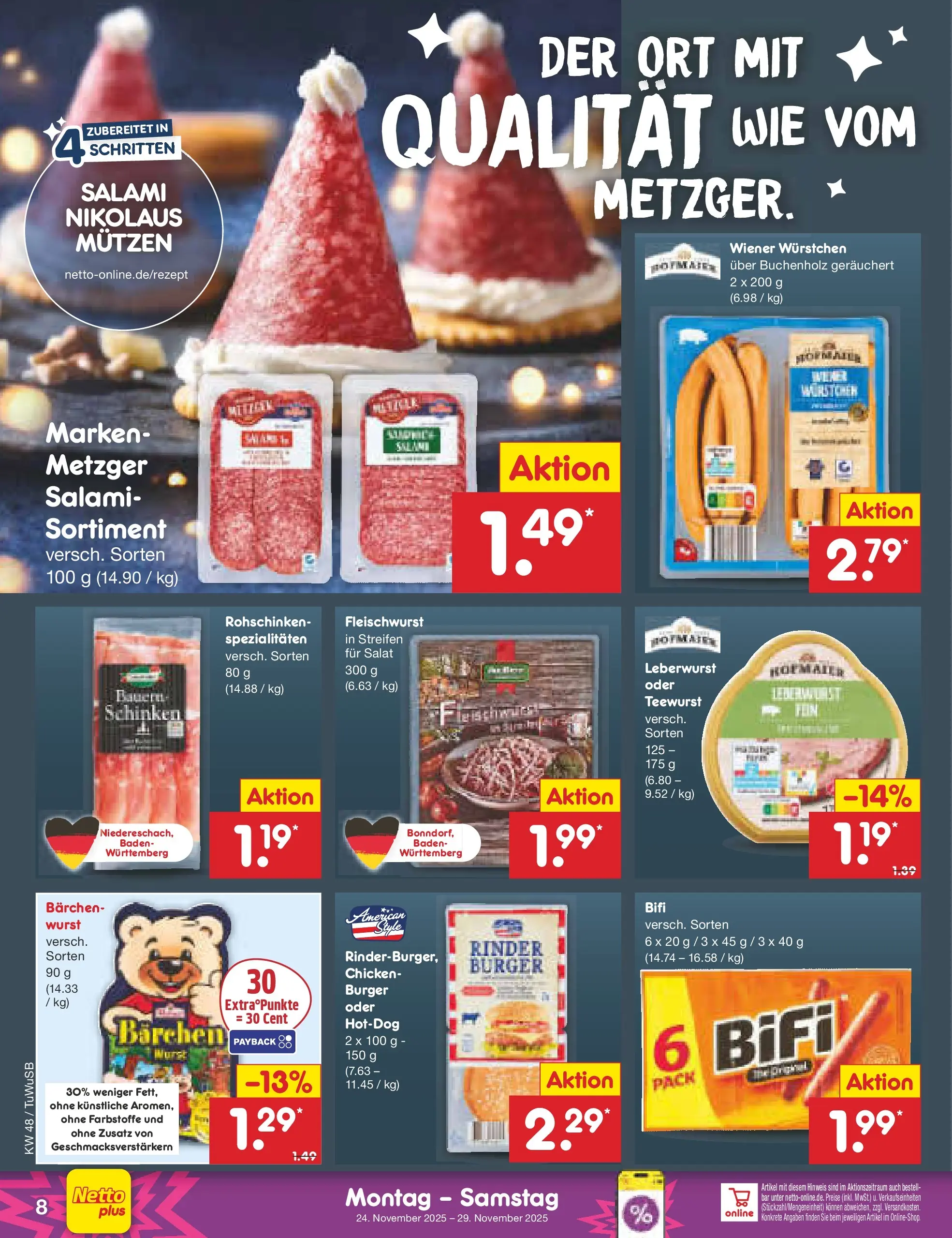 Netto Marken-Discount prospekt Calw-Stammheim	 (ab 24.11.2025) » Angebote | Seite: 8 | Produkte: Bifi, Salami, Schinken, Salat