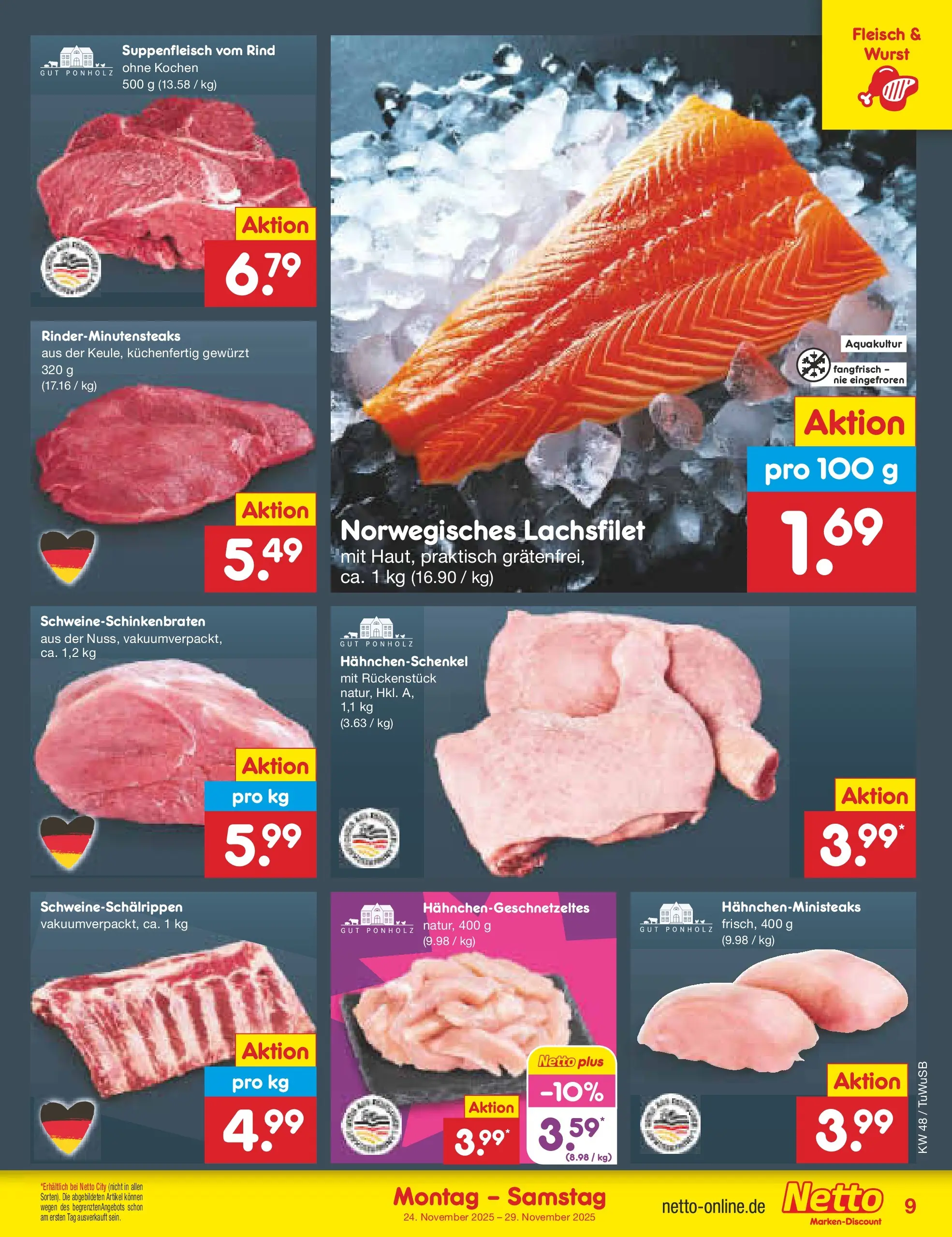 Netto Marken-Discount prospekt Calw-Stammheim	 (ab 24.11.2025) » Angebote | Seite: 9 | Produkte: Hahnchenschenkel, Suppenfleisch, Wurst, Fleisch