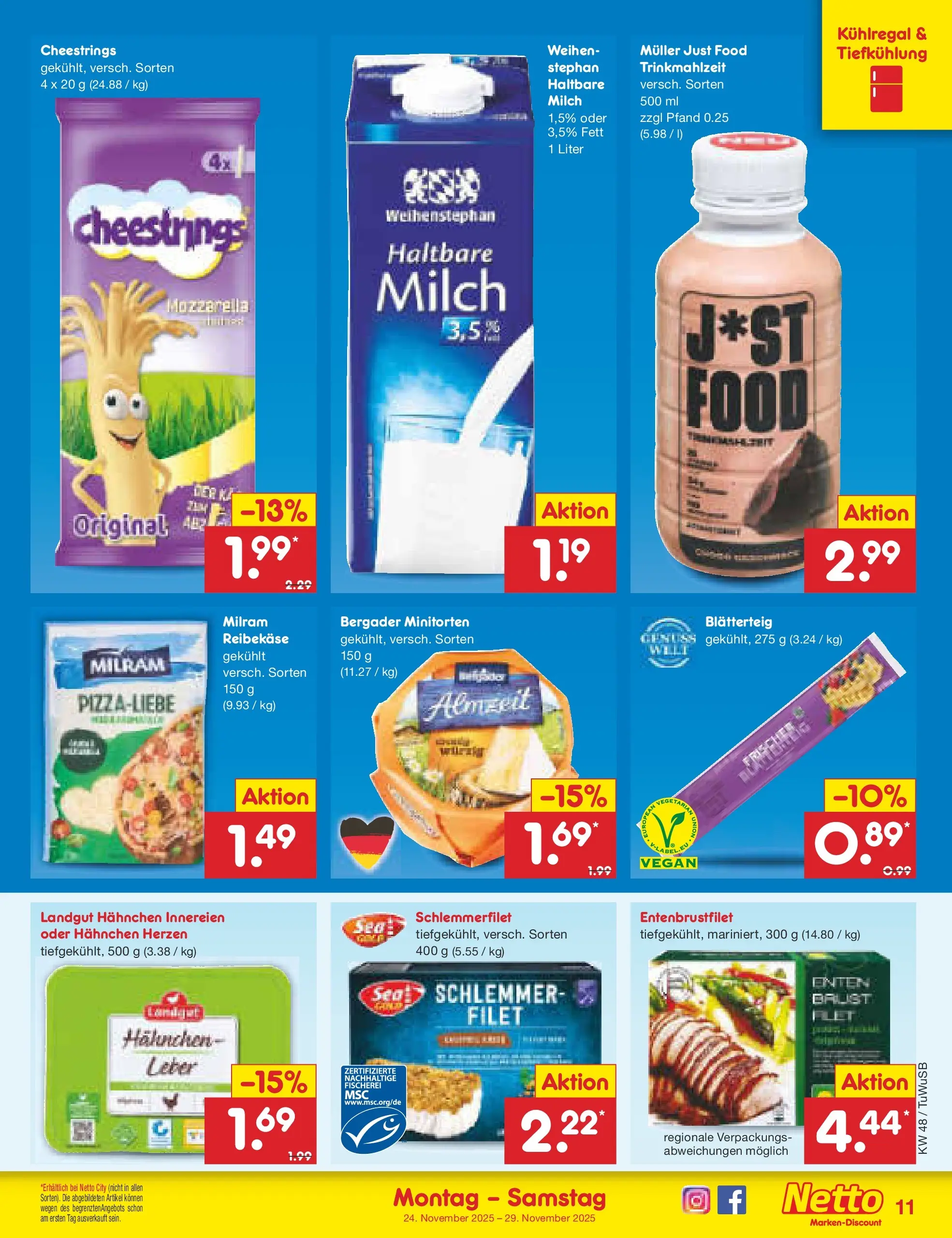 Netto Marken-Discount prospekt Calw-Stammheim	 (ab 24.11.2025) » Angebote | Seite: 11 | Produkte: Hahnchen, Milch, Mozzarella, Reibekase