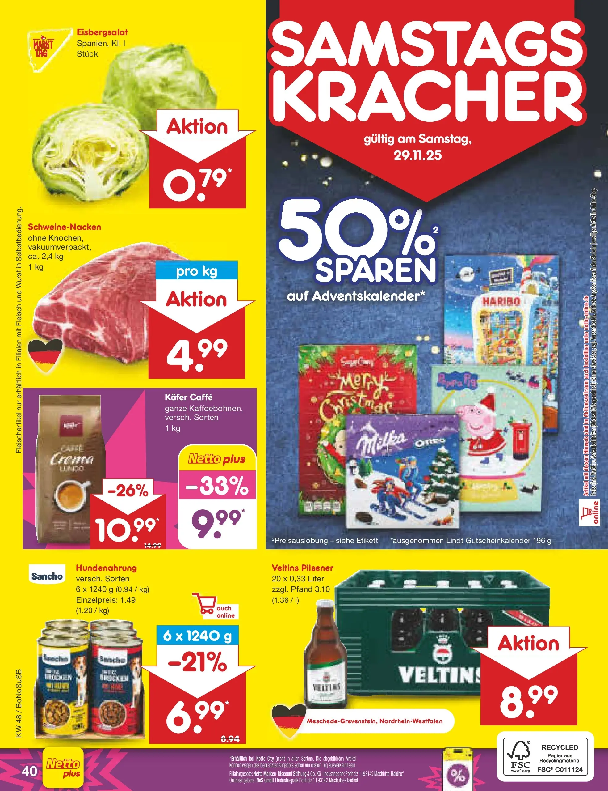 Netto Marken-Discount prospekt Herne	 (ab 24.11.2025) » Angebote | Seite: 46 | Produkte: Schweinenacken, Eisbergsalat, Fleisch, Veltins