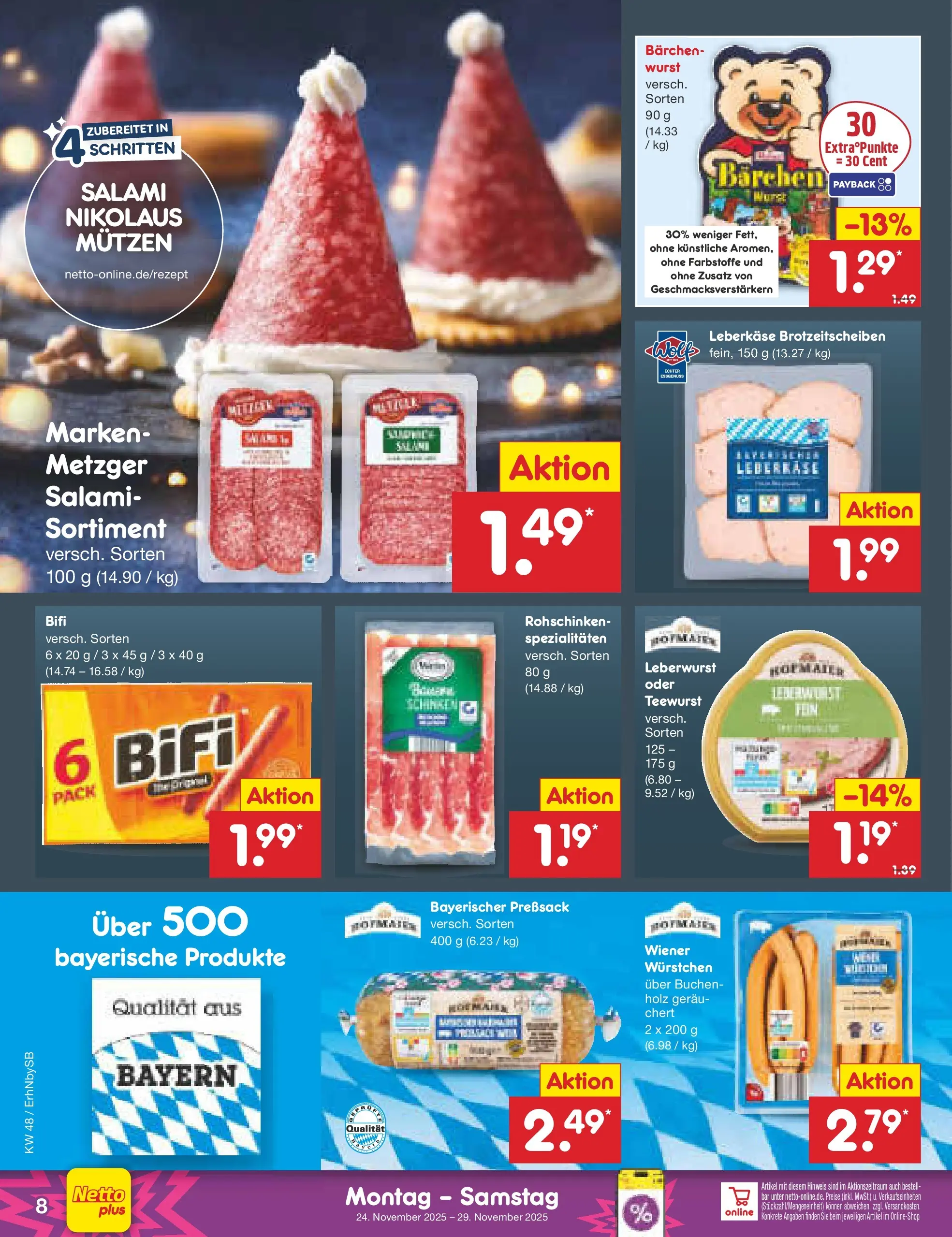 Netto Marken-Discount prospekt Metten	 (ab 24.11.2025) » Angebote | Seite: 8 | Produkte: Bifi, Wurst, Salami, Leberkase