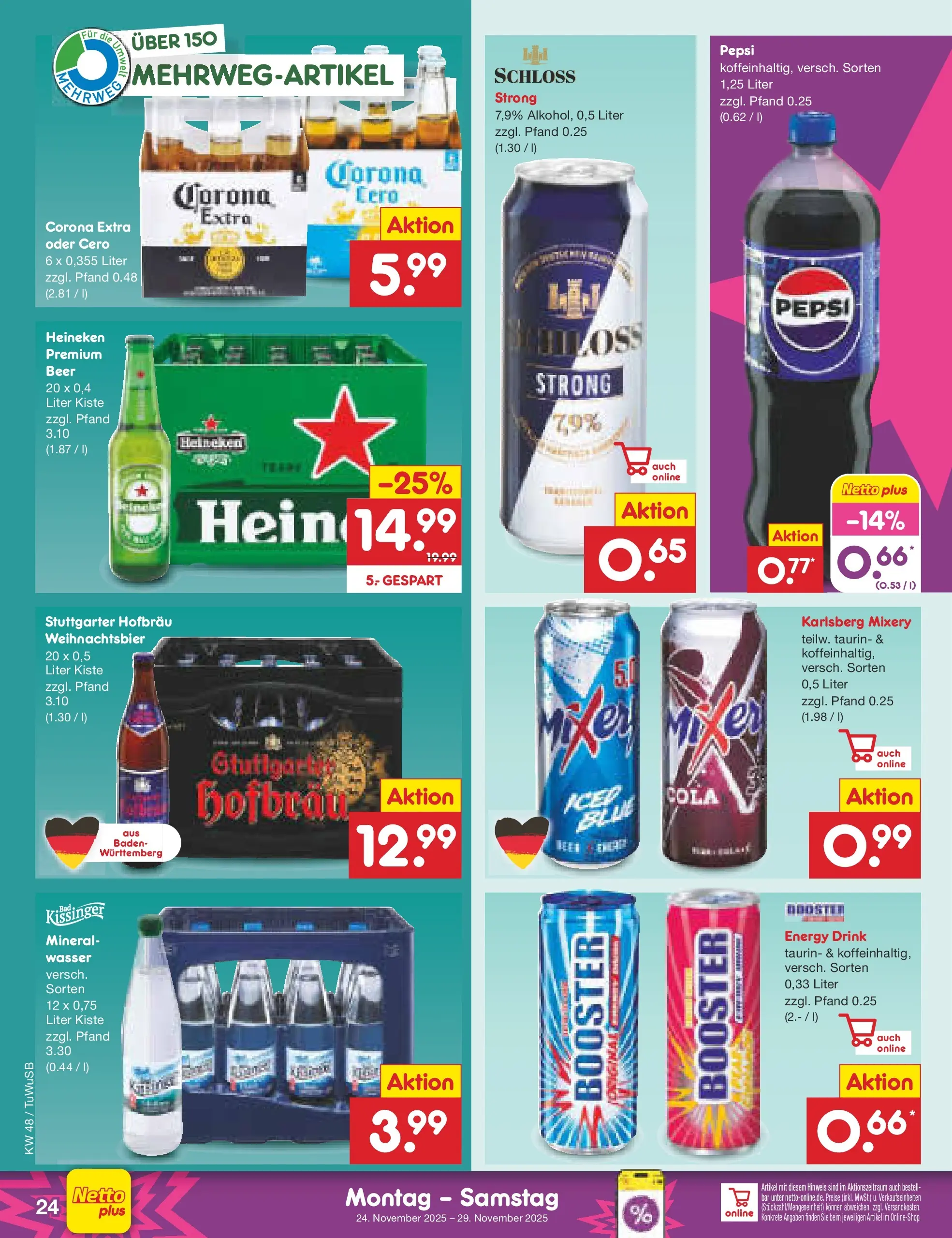 Netto Marken-Discount prospekt Calw-Stammheim	 (ab 24.11.2025) » Angebote | Seite: 30 | Produkte: Cola, Heineken, Wasser, Mixery