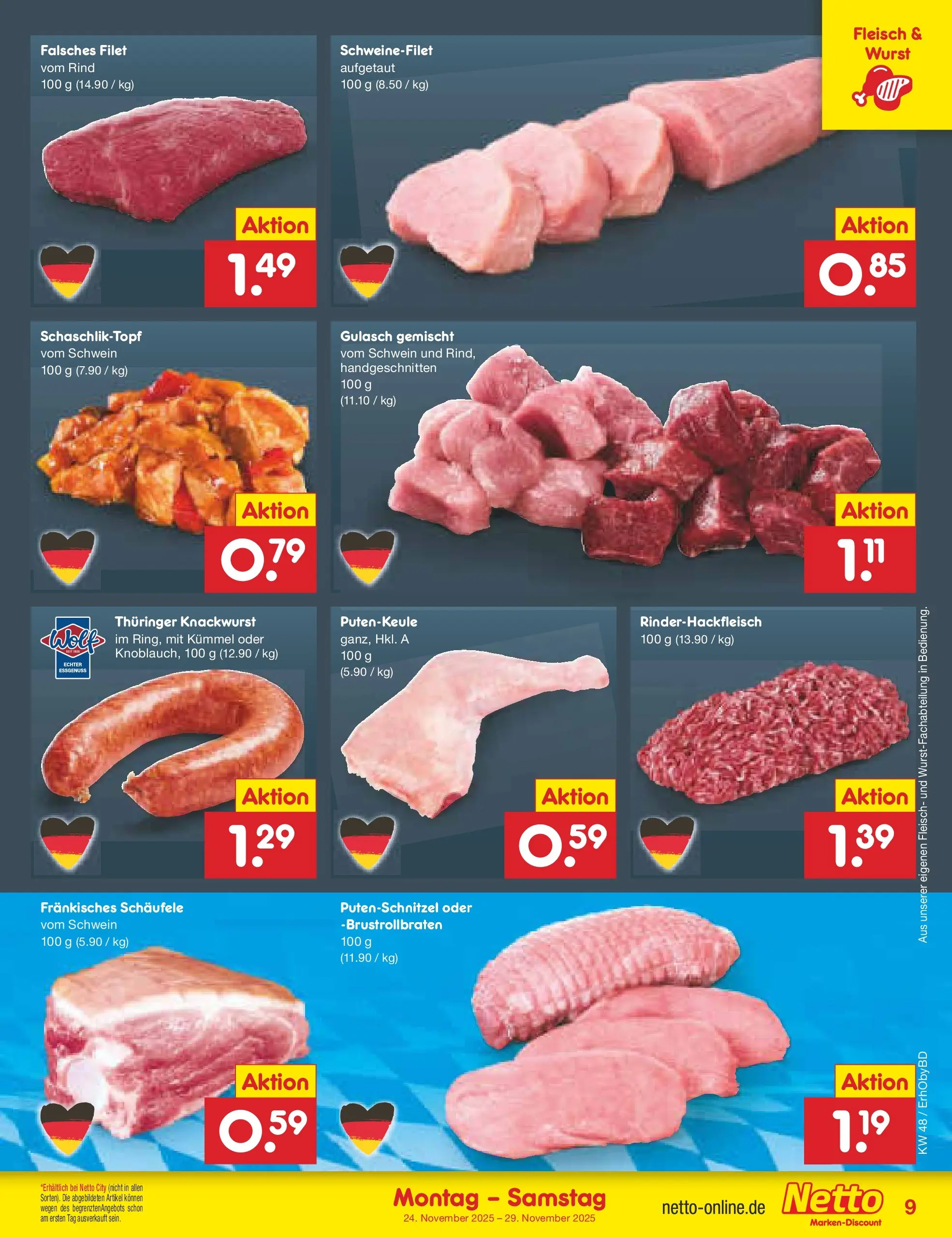 Netto Marken-Discount prospekt Velden	 (ab 24.11.2025) » Angebote | Seite: 9 | Produkte: Schweinefilet, Gulasch, Wurst, Fleisch