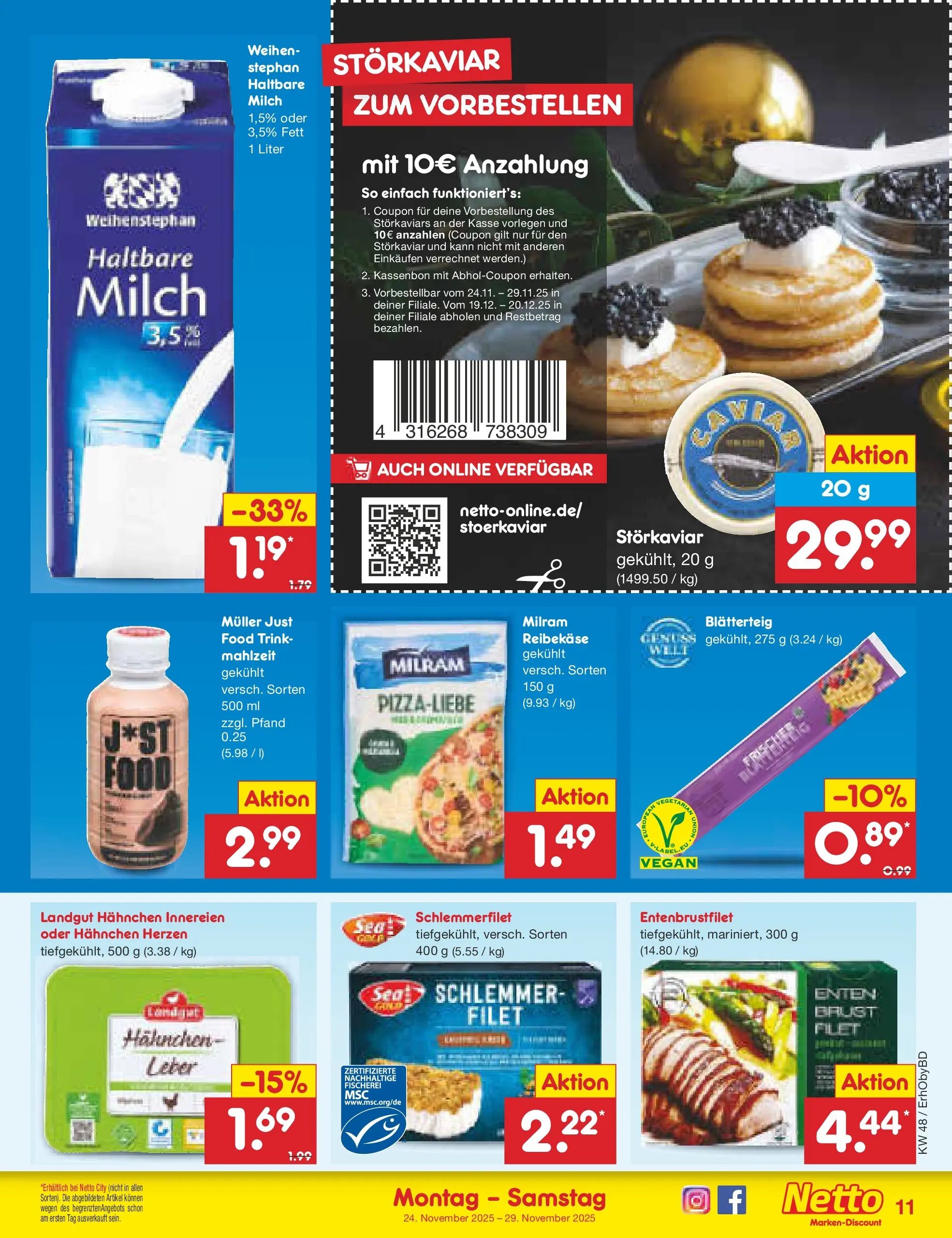 Netto Marken-Discount prospekt Velden	 (ab 24.11.2025) » Angebote | Seite: 11 | Produkte: Hahnchen, Milch, Haltbare milch, Milram