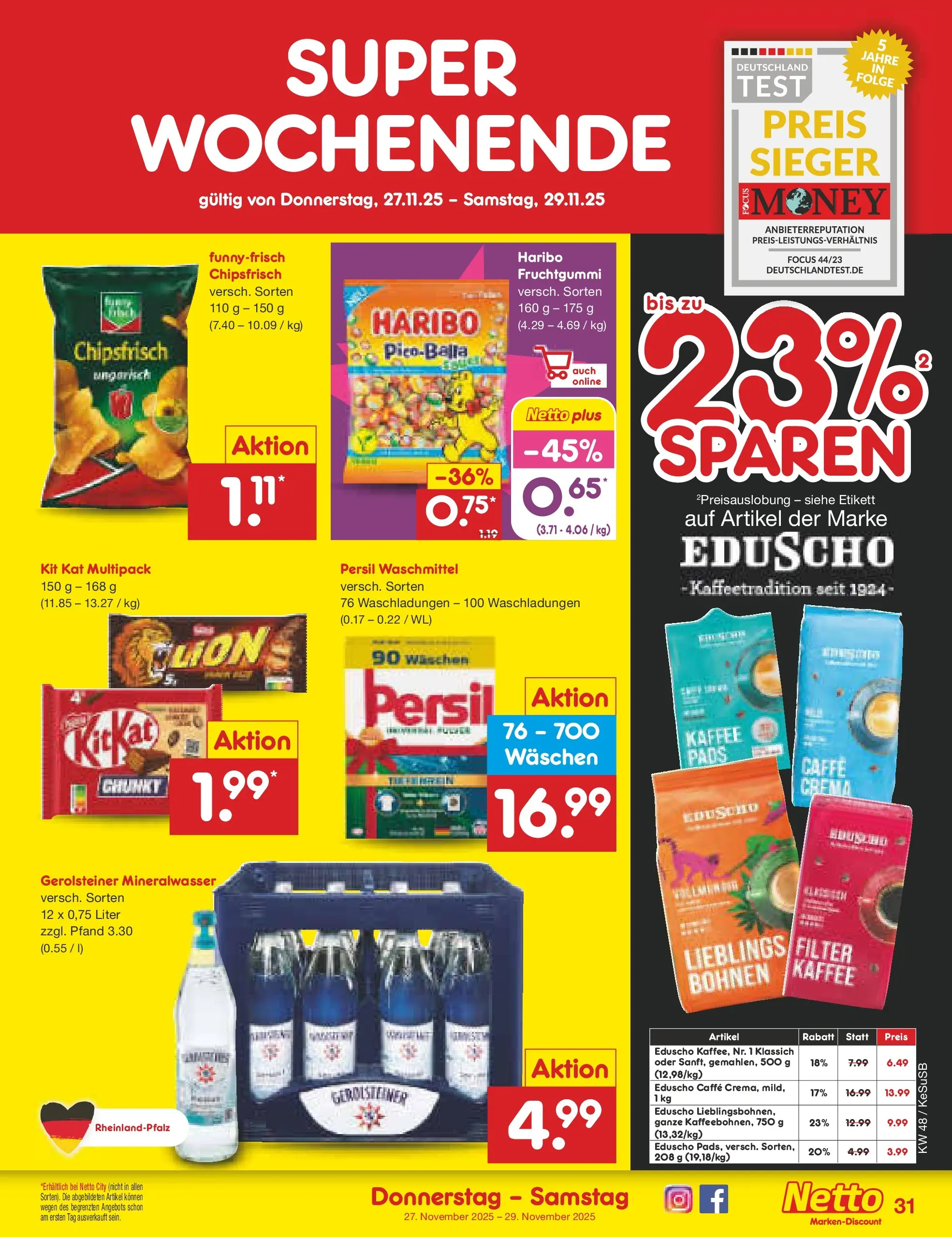 Netto Marken-Discount prospekt Kruft	 (ab 23.11.2025) » Angebote | Seite: 37 | Produkte: Kaffee, Mineralwasser, Persil, Gerolsteiner