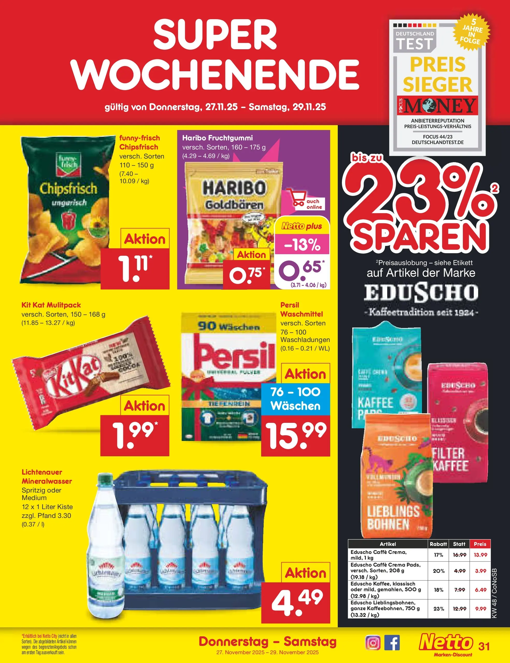 Netto Marken-Discount prospekt Kloster Lehnin	 (ab 24.11.2025) » Angebote | Seite: 39 | Produkte: Haribo, Kaffee, Mineralwasser, Eduscho