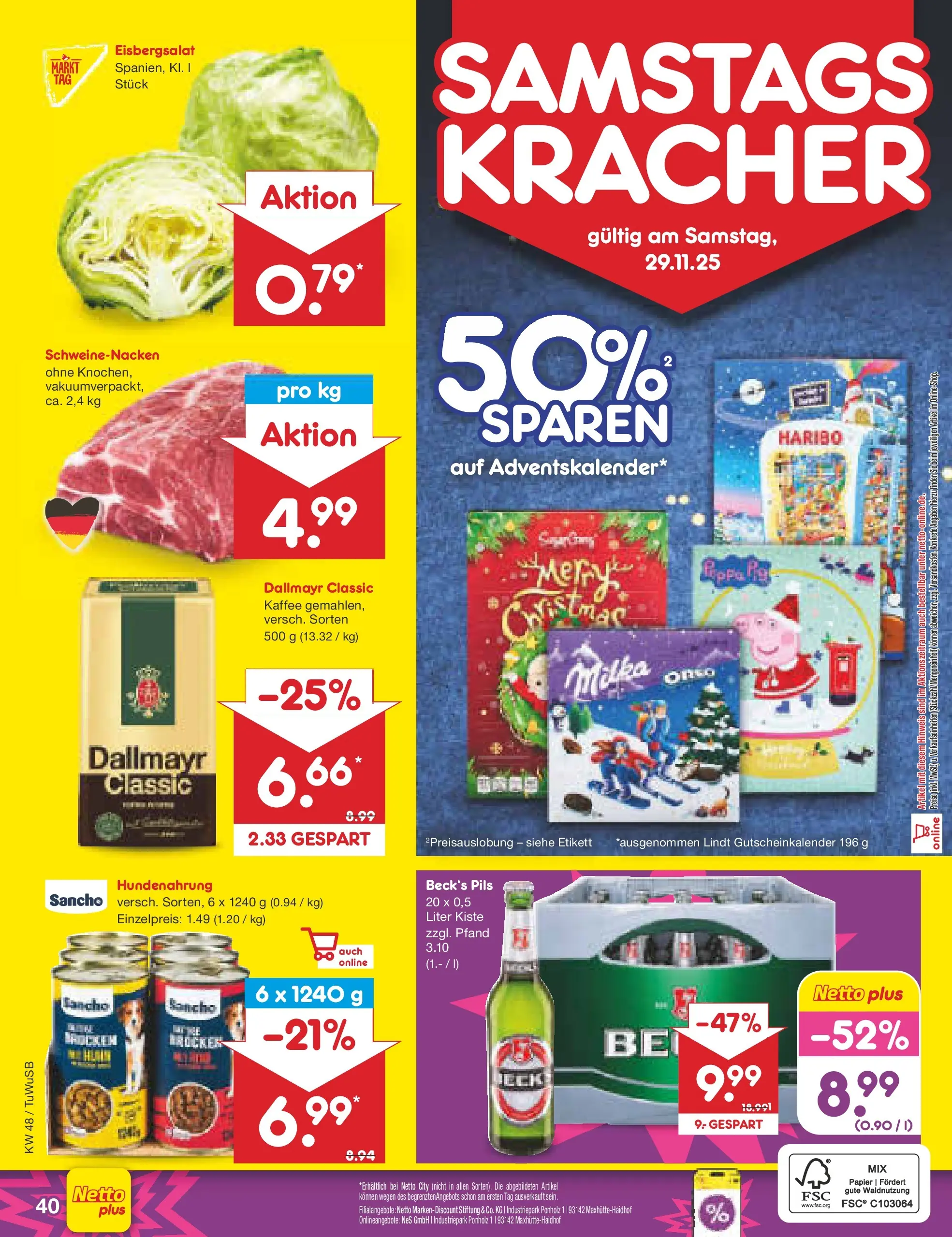 Netto Marken-Discount prospekt Calw-Stammheim	 (ab 24.11.2025) » Angebote | Seite: 48 | Produkte: Pils, Schweinenacken, Milka, Dallmayr