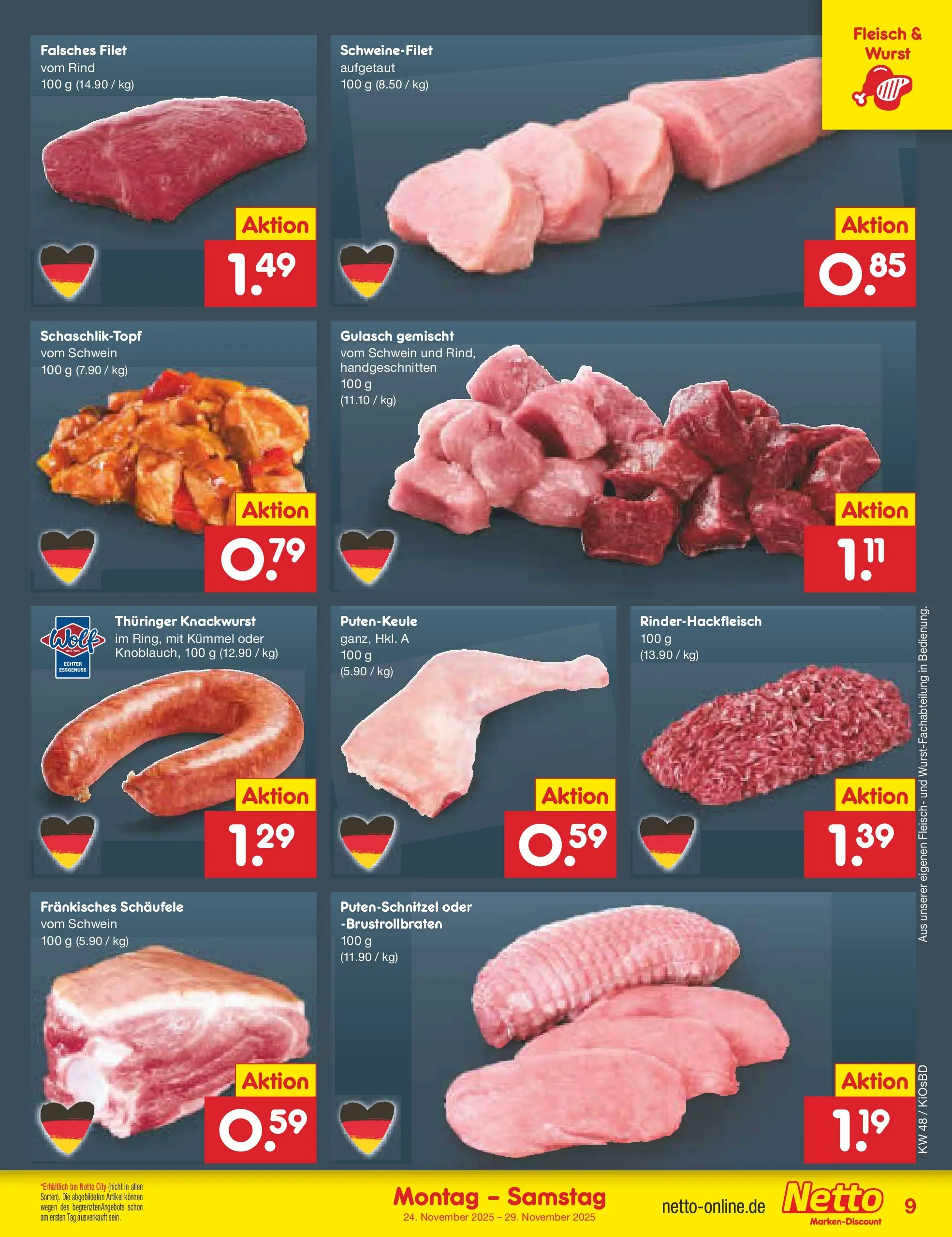 Netto Marken-Discount prospekt Mistelbach	 (ab 24.11.2025) » Angebote | Seite: 9 | Produkte: Schweinefilet, Gulasch, Putenschnitzel, Wurst