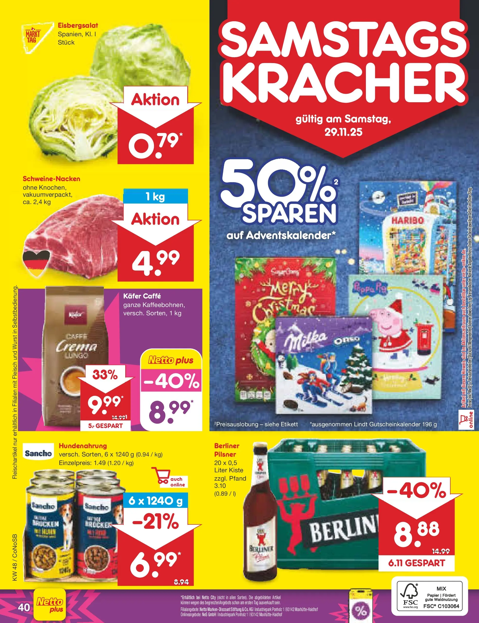 Netto Marken-Discount prospekt Kloster Lehnin	 (ab 24.11.2025) » Angebote | Seite: 48 | Produkte: Eisbergsalat, Wurst, Lindt, Fleisch