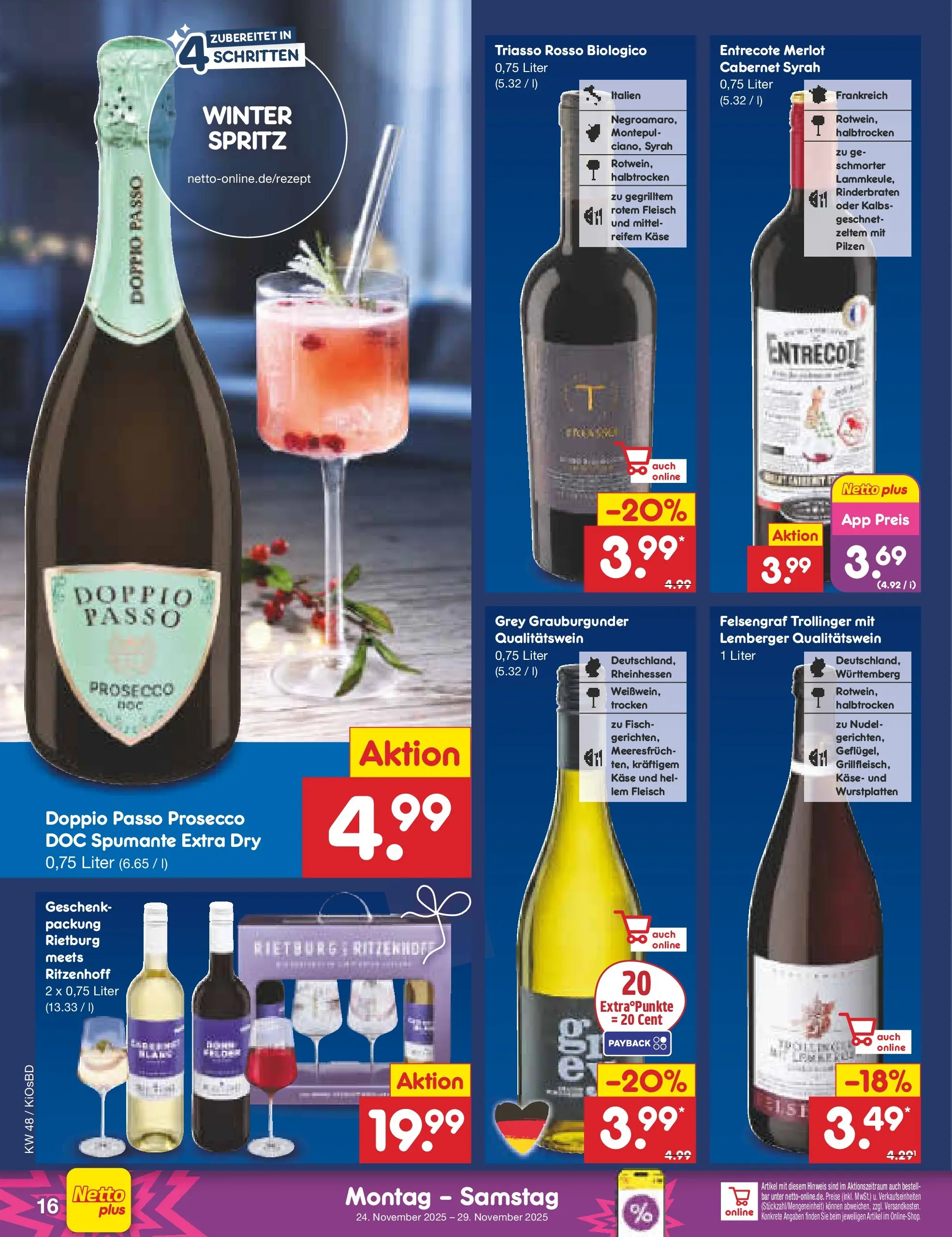Netto Marken-Discount prospekt Mistelbach	 (ab 24.11.2025) » Angebote | Seite: 16 | Produkte: Rinderbraten, Entrecote, Fisch, Prosecco