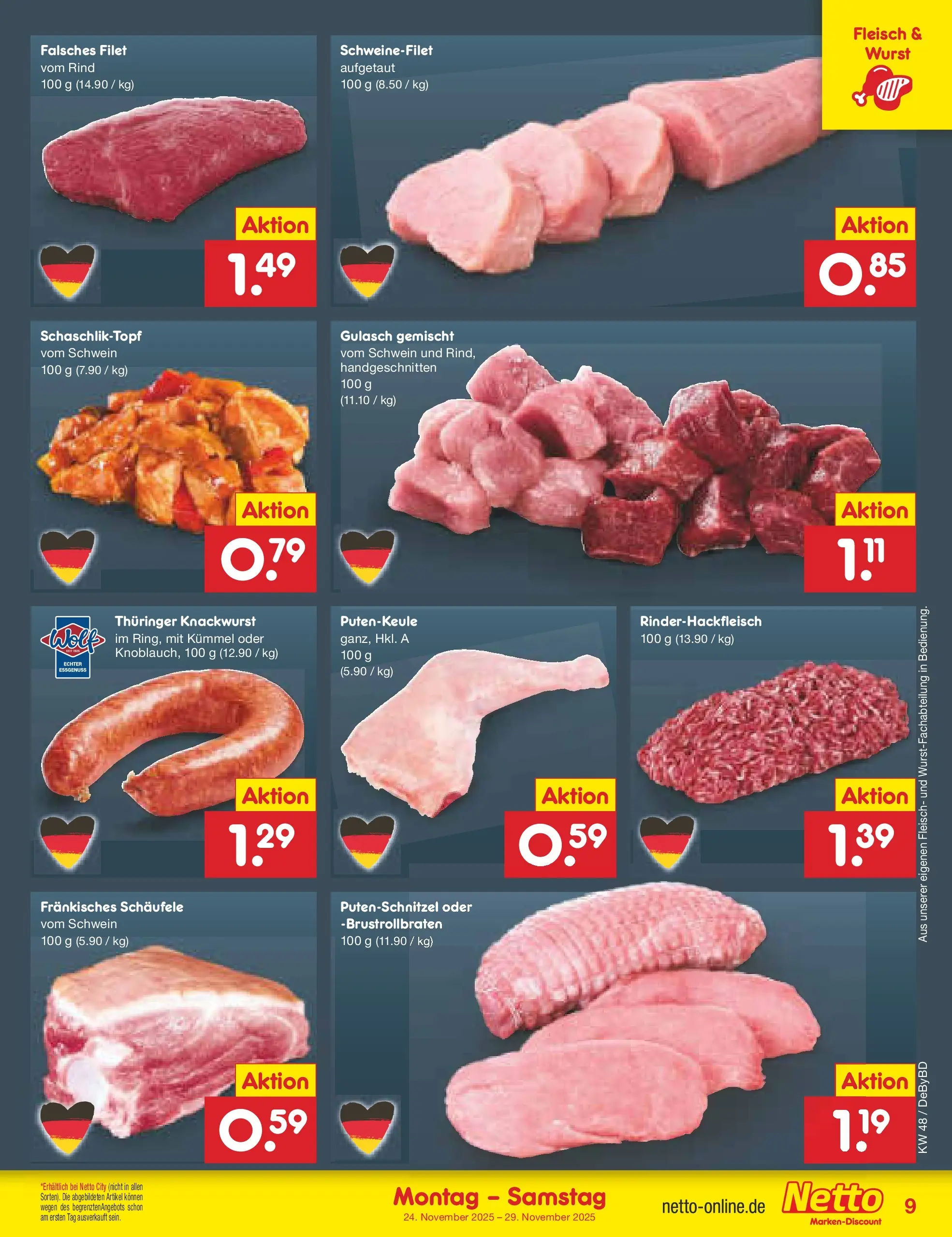Netto Marken-Discount prospekt Buttenwiesen	 (ab 24.11.2025) » Angebote | Seite: 9 | Produkte: Schweinefilet, Gulasch, Putenschnitzel, Wurst