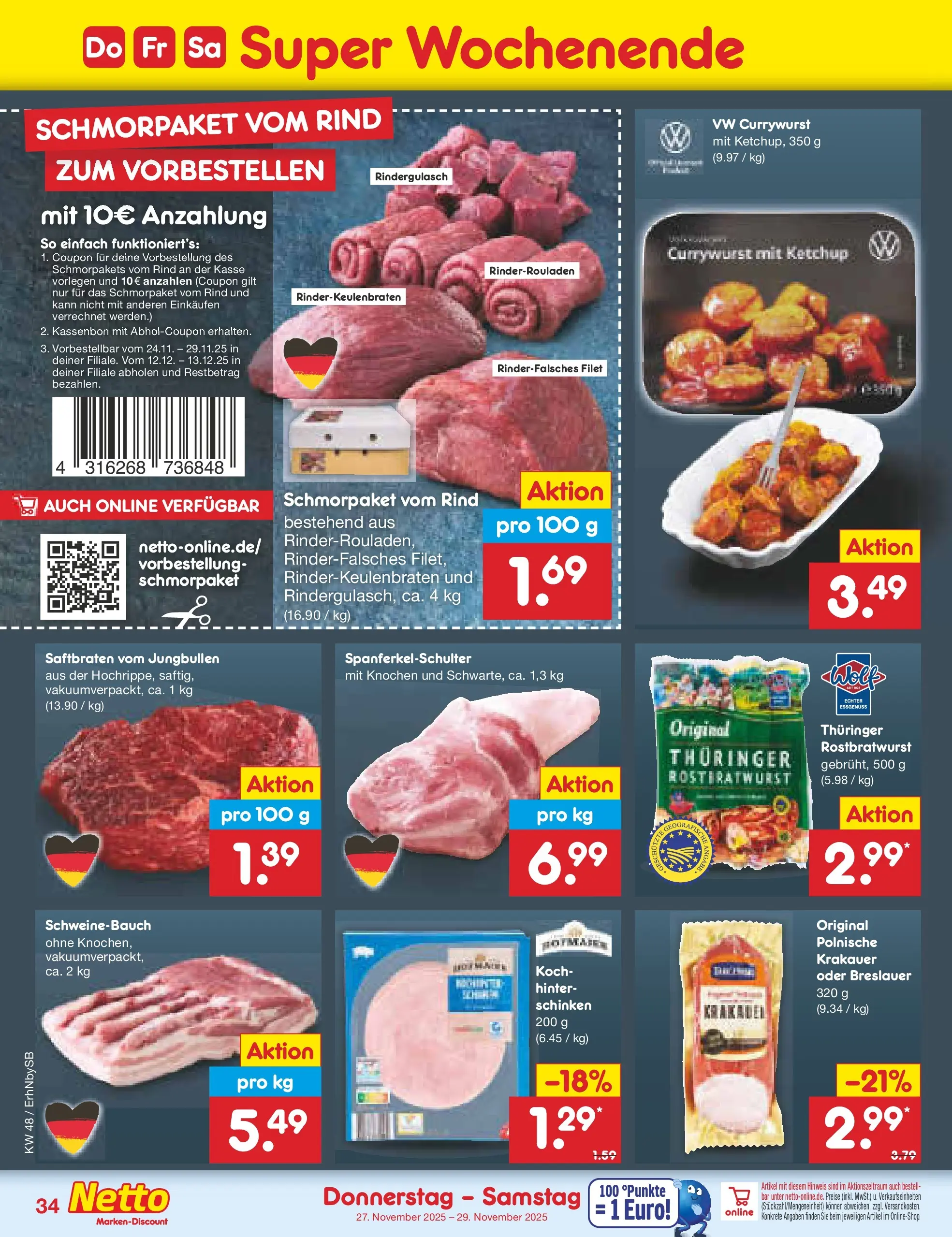 Netto Marken-Discount prospekt Metten	 (ab 24.11.2025) » Angebote | Seite: 42 | Produkte: Rinderrouladen, Schweinebauch, Schinken, Ketchup