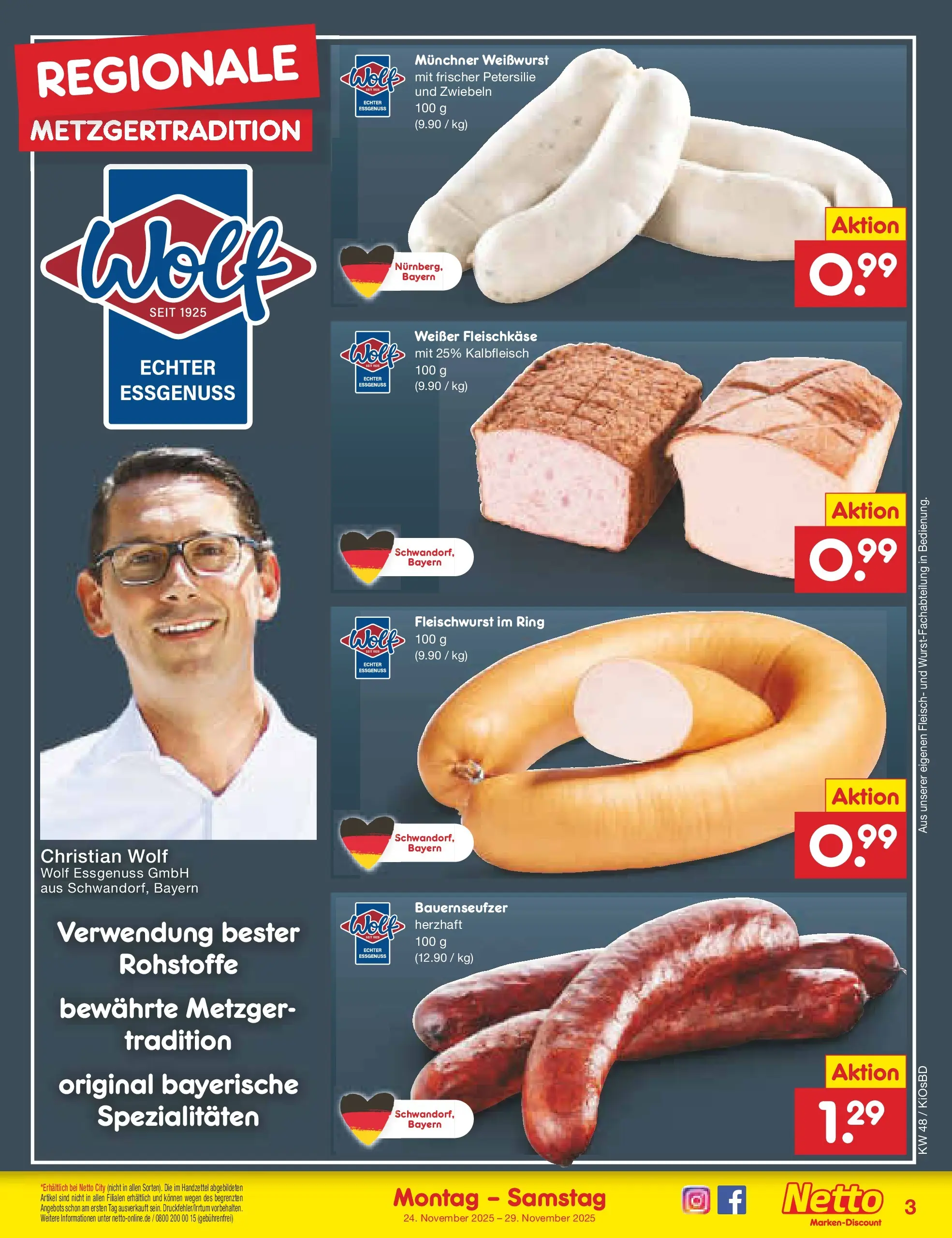 Netto Marken-Discount prospekt Mistelbach	 (ab 24.11.2025) » Angebote | Seite: 25 | Produkte: Weißwurst, Zwiebeln, Petersilie, Fleisch