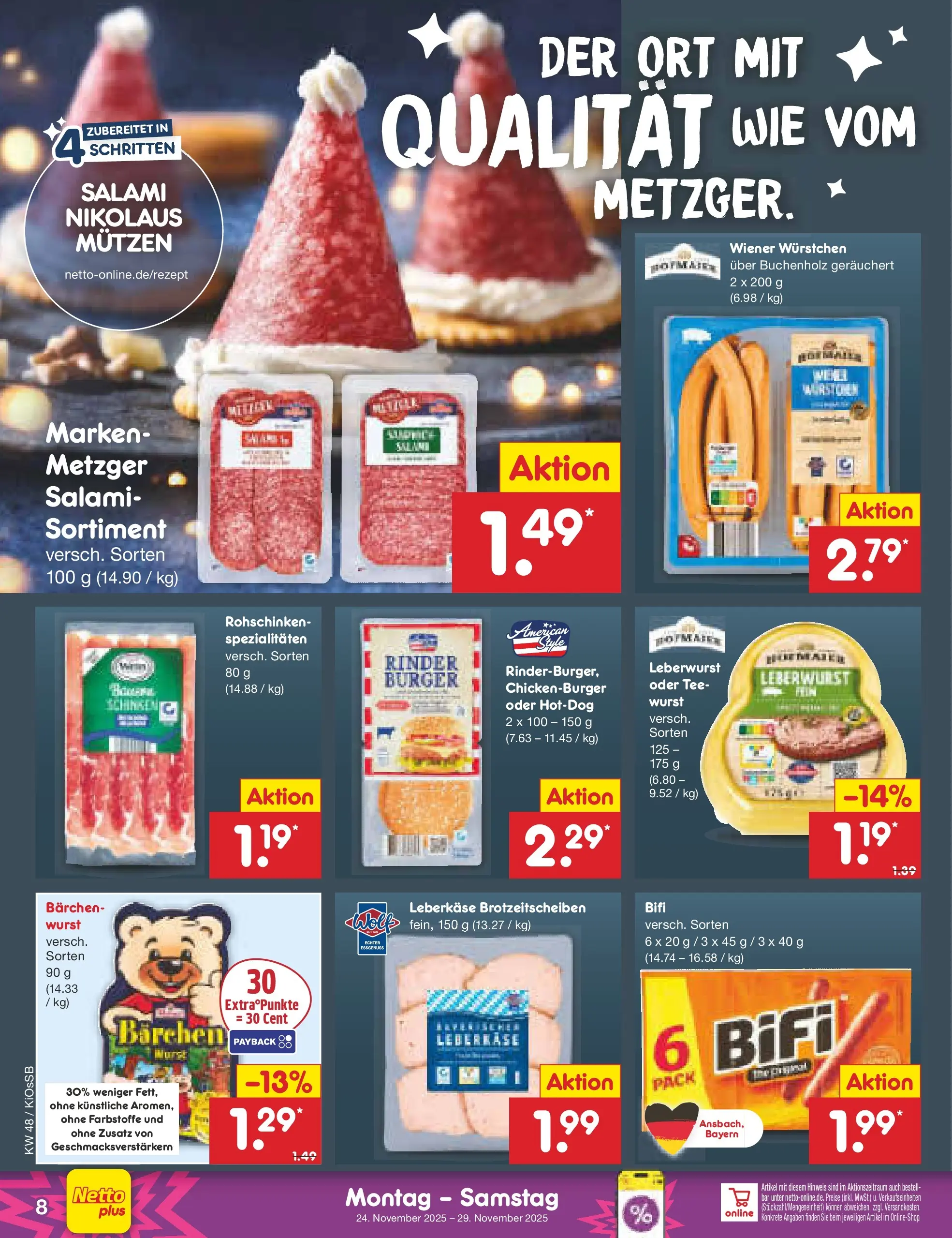Netto Marken-Discount prospekt Oberhaid	 (ab 24.11.2025) » Angebote | Seite: 8 | Produkte: Wiener wurstchen, Burger, Salami, Tee