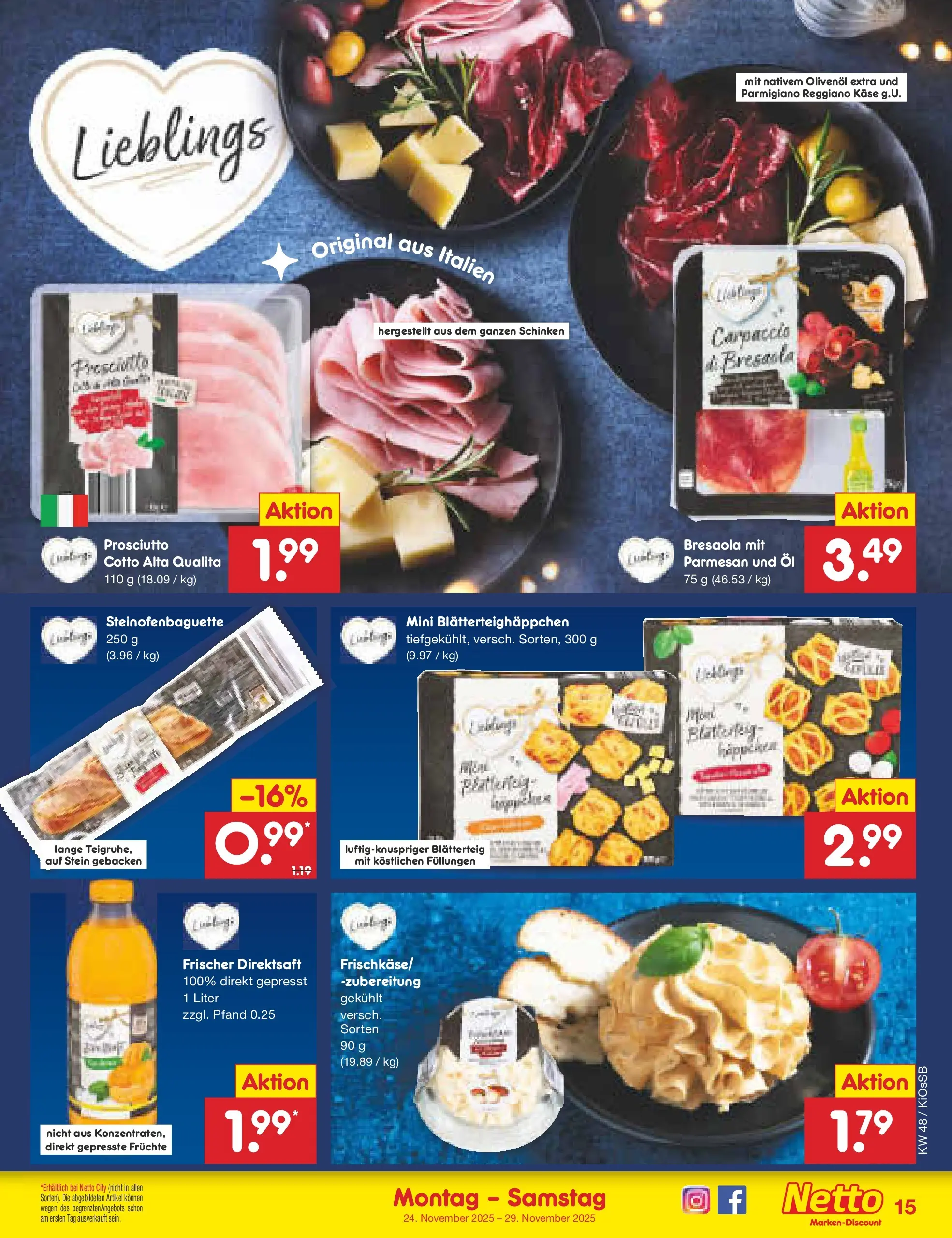Netto Marken-Discount prospekt Oberhaid	 (ab 24.11.2025) » Angebote | Seite: 15 | Produkte: Käse, Öl, Olivenol, Schinken