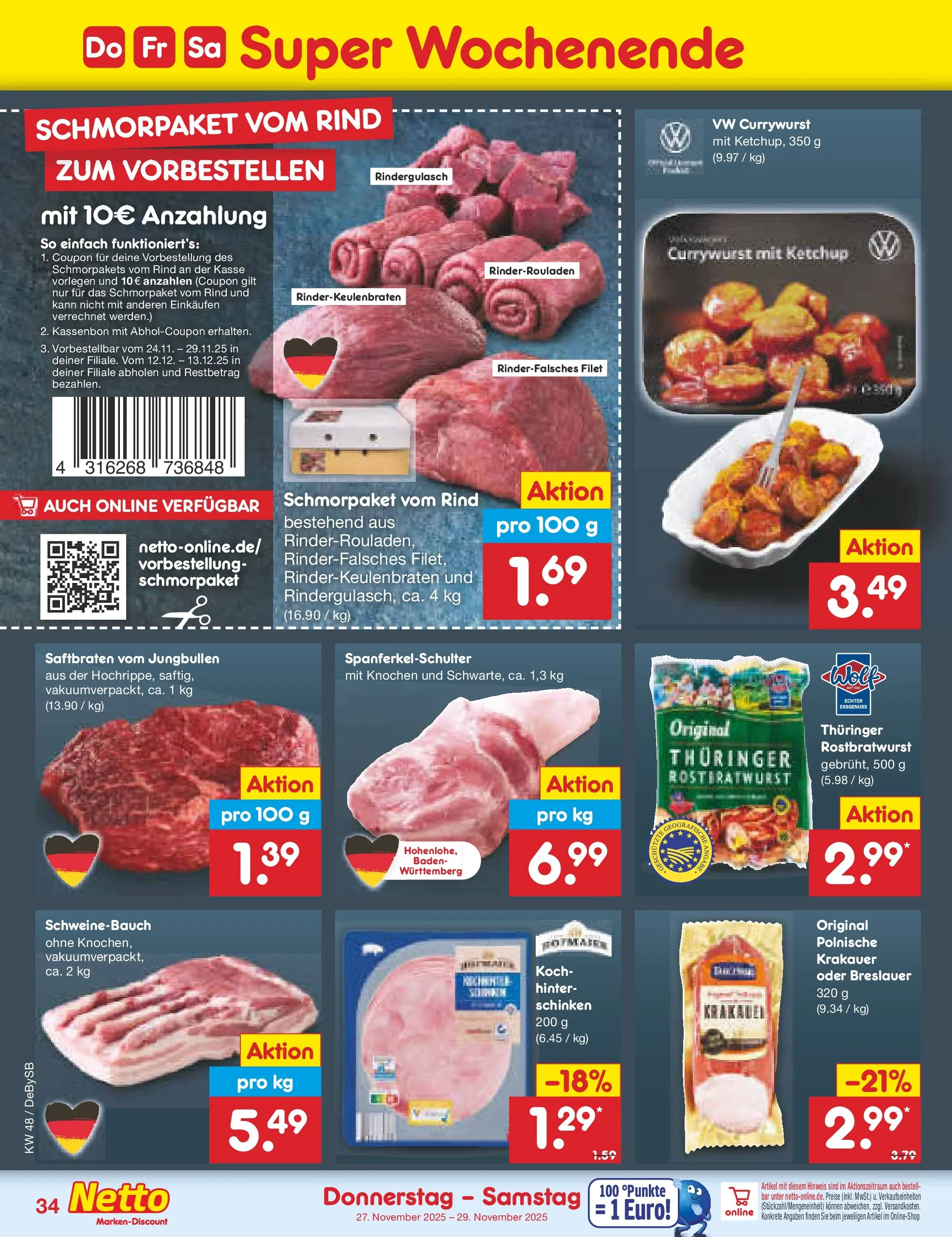 Netto Marken-Discount prospekt Thierhaupten	 (ab 24.11.2025) » Angebote | Seite: 42 | Produkte: Rinderrouladen, Rindergulasch, Schweinebauch, Schinken