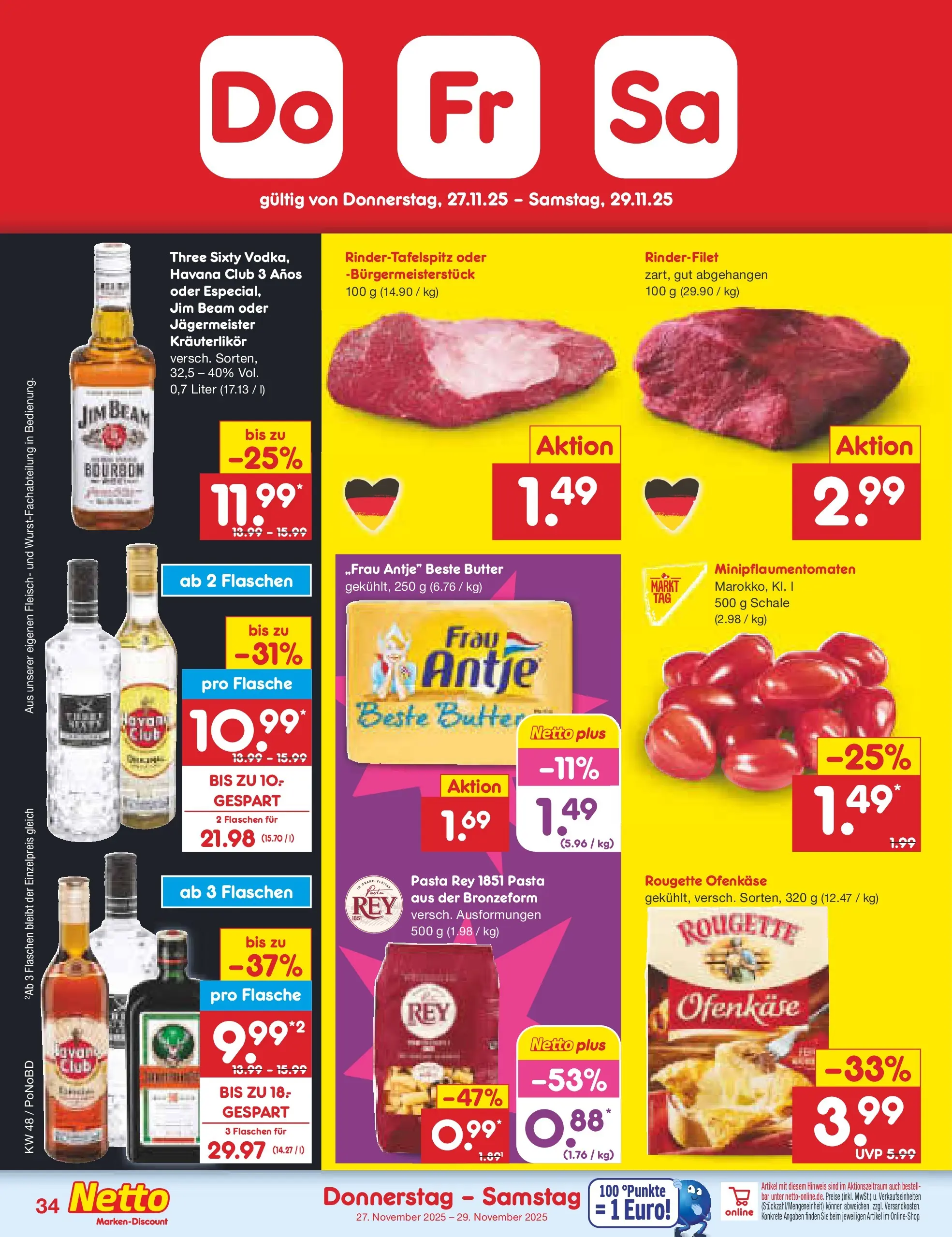 Netto Marken-Discount prospekt Selb	 (ab 24.11.2025) » Angebote | Seite: 42 | Produkte: Butter, Rougette ofenkase, Jägermeister, Pasta