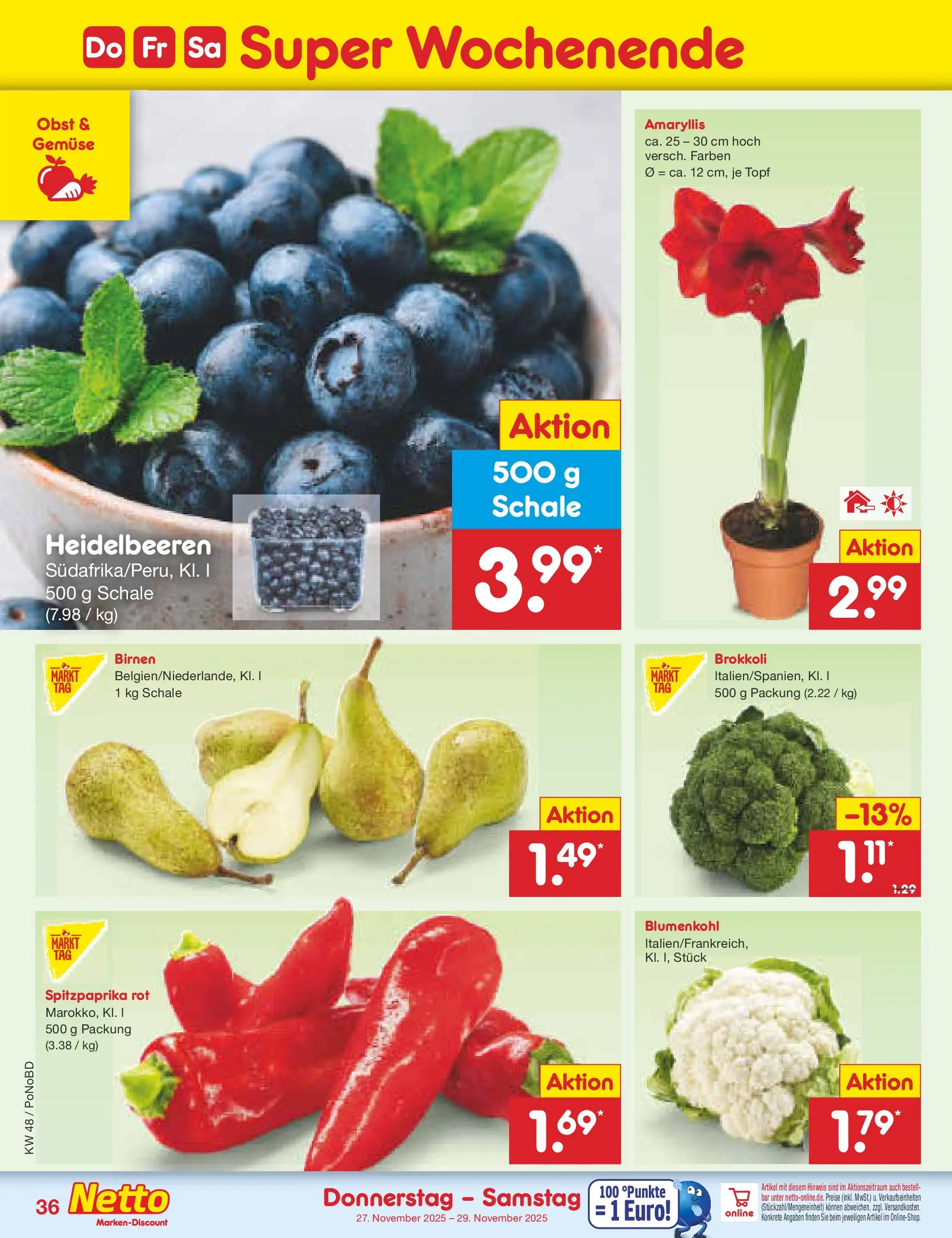 Netto Marken-Discount prospekt Selb	 (ab 24.11.2025) » Angebote | Seite: 44 | Produkte: Heidelbeeren, Gemüse, Obst, Brokkoli