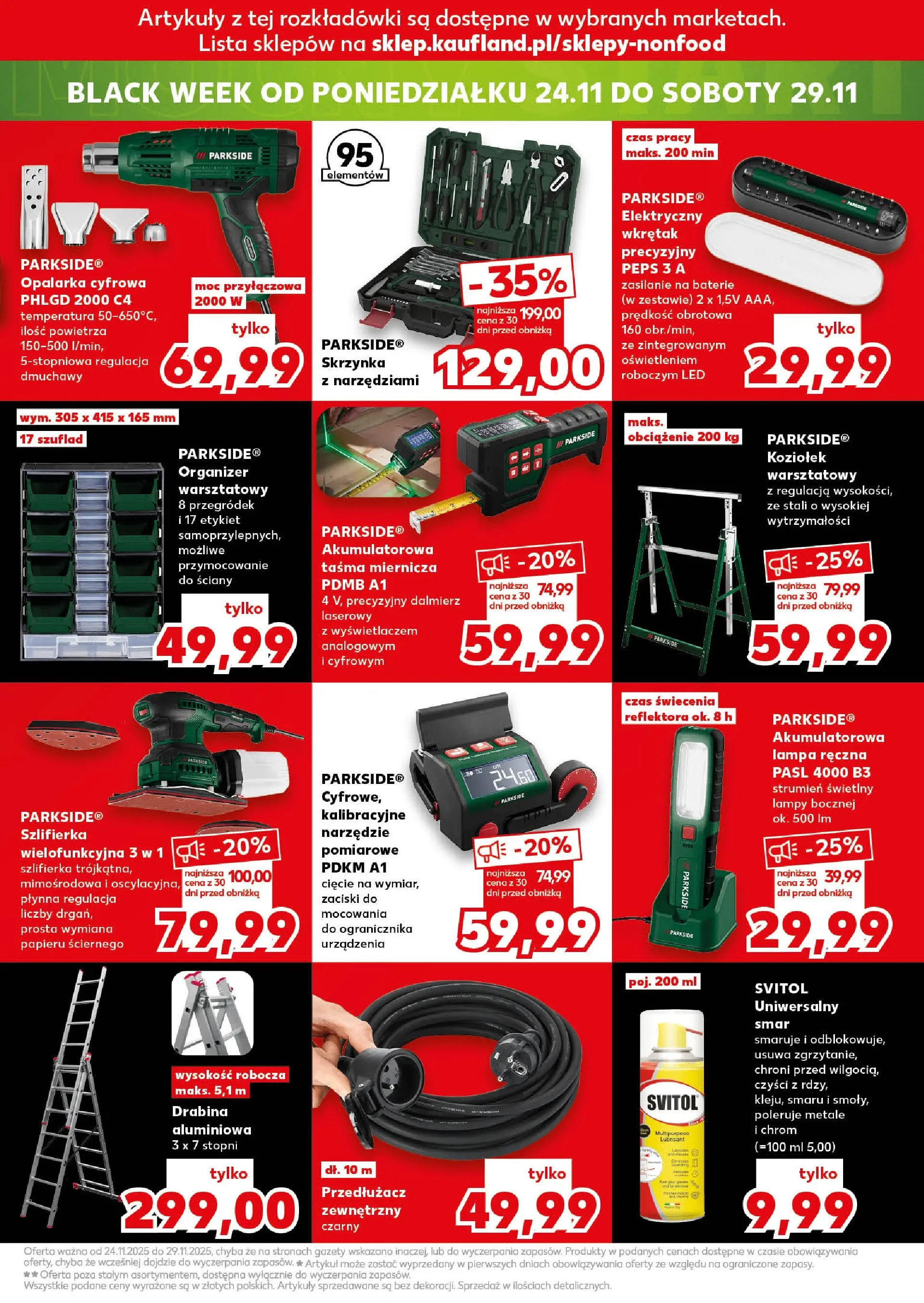 Kaufland gazetka (20.11.2025) od jutra ✳️ BLACK FRIDAY | Strona: 21 | Produkty: Drabina, Przedłużacz, Lampa, Szlifierka
