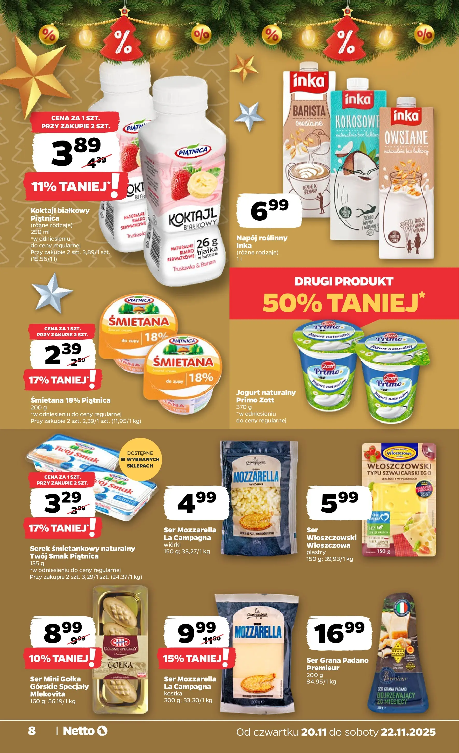 Netto gazetka - Spożywcza od 20.11.2025 - Aktualne promocje | Strona: 8 | Produkty: Grana padano, Serek, Jogurt naturalny, Mozzarella
