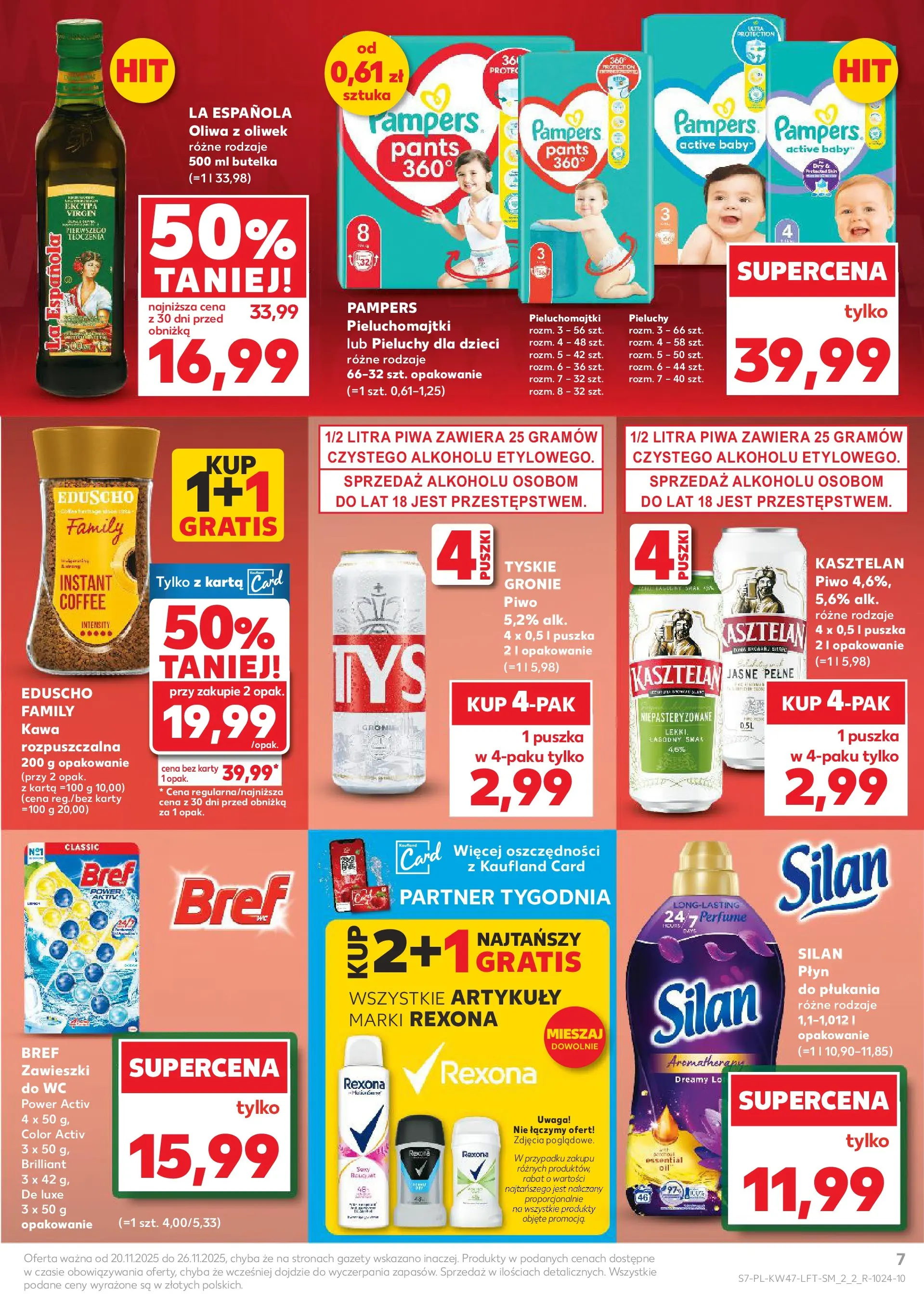 Kaufland gazetka od 20.11.2025 - od jutra PDF | Strona: 7 | Produkty: Oliwa z oliwek, Pampers, Pieluchomajtki, Piwo