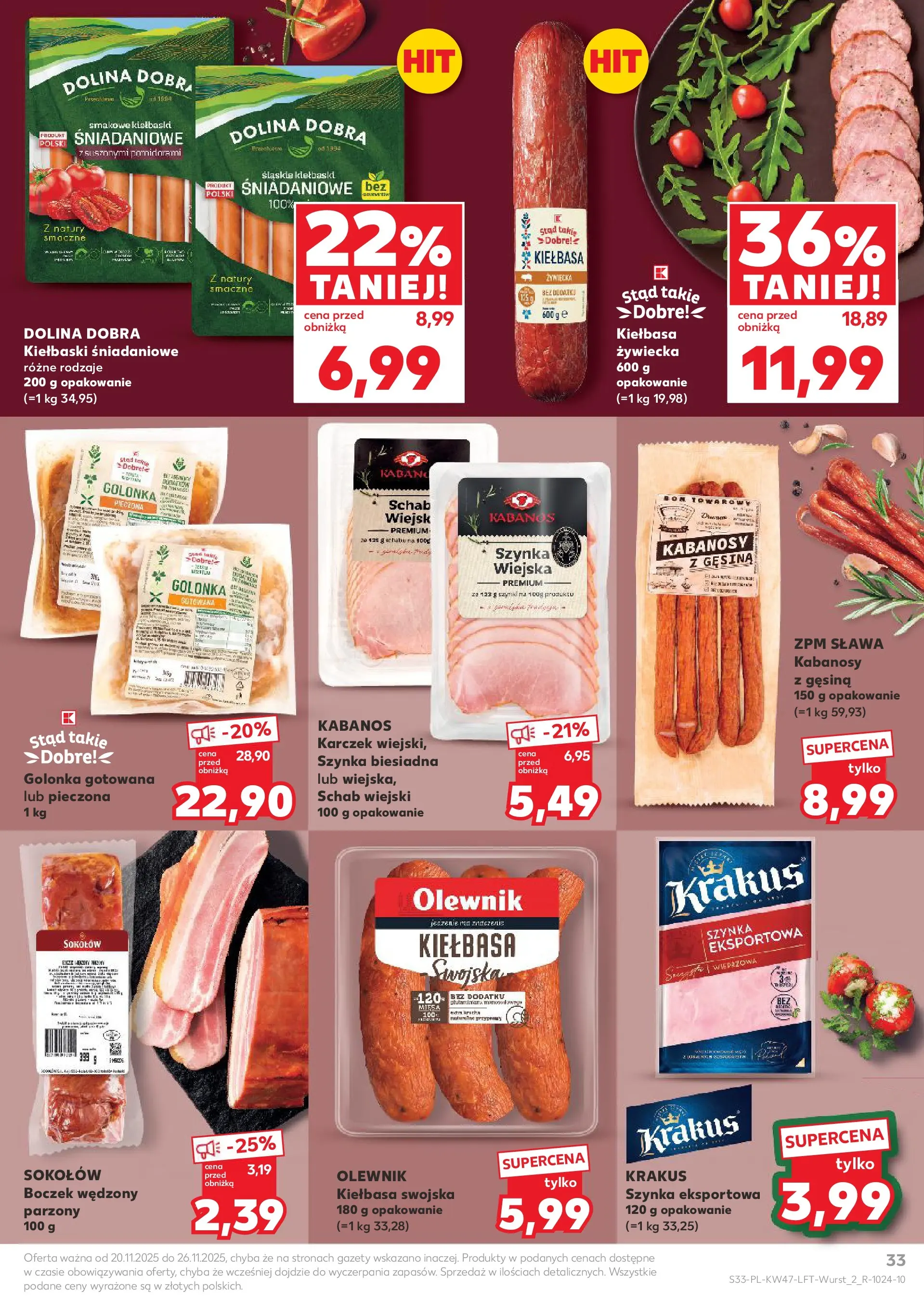 Kaufland gazetka od 20.11.2025 - od jutra PDF | Strona: 33 | Produkty: Kabanosy, Kiełbaski, Szynka, Boczek