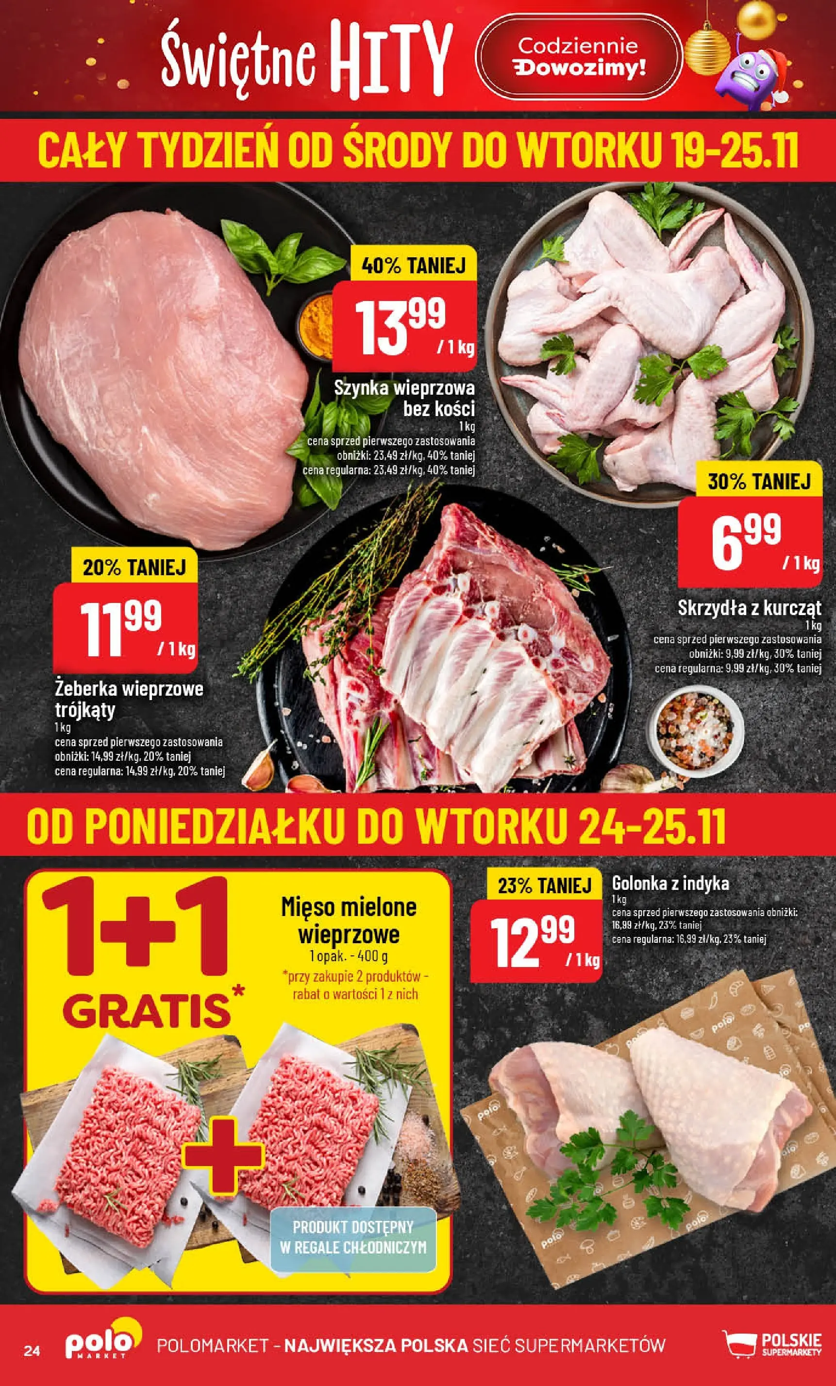 Nowa POLOmarket gazetka od jutra (19.11.2025) | Strona: 24 | Produkty: Mięso, Szynka wieprzowa, Mięso mielone, Szynka Nowa POLOmarket gazetka od jutra 19.11.2025 (PDF) | Strona: 24 | Produkty: Mięso, Szynka wieprzowa, Mięso mielone, Szynka