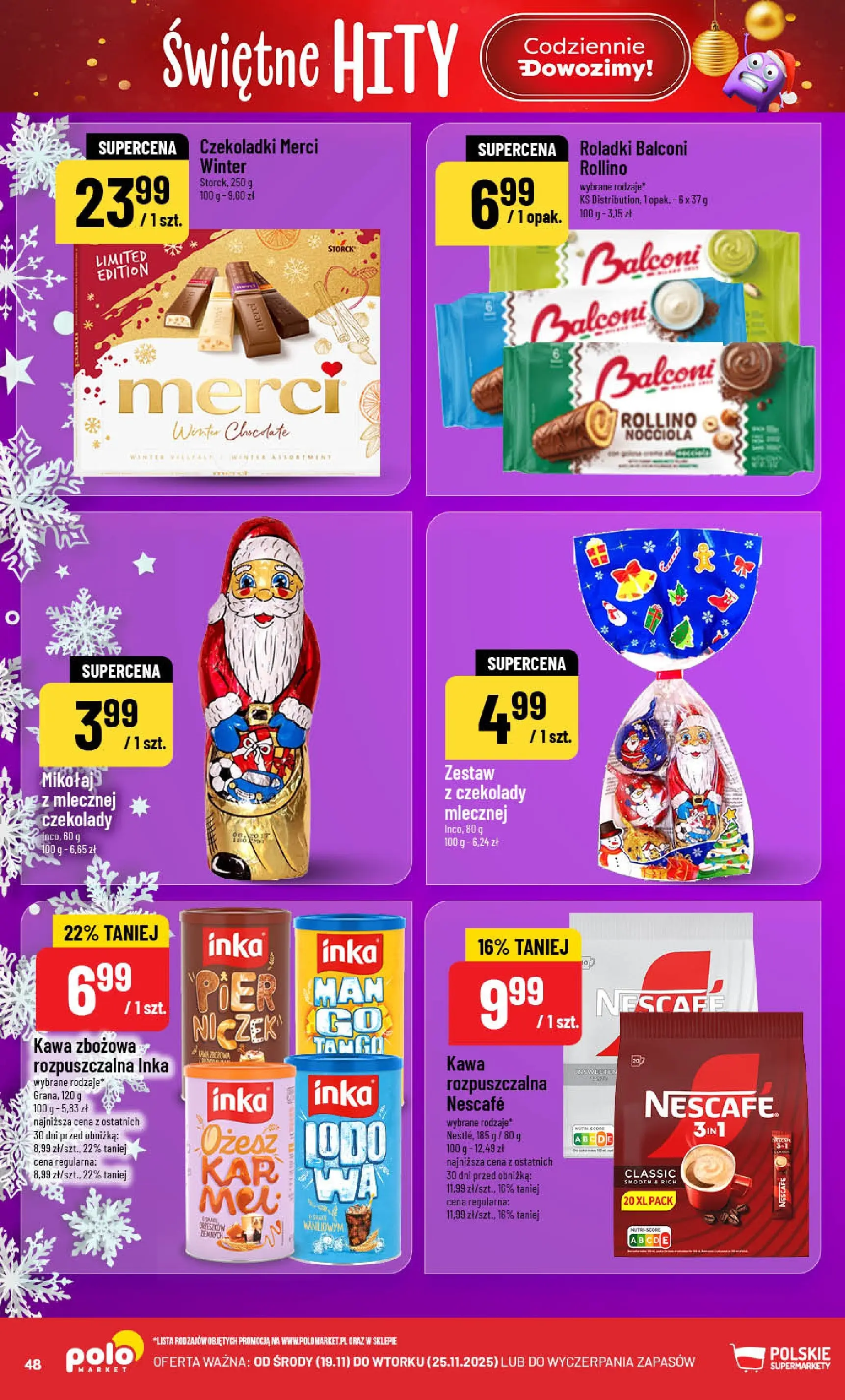 Nowa POLOmarket gazetka od jutra (19.11.2025) | Strona: 48 | Produkty: Czekolady, Nescafe, Merci, Kawa Nowa POLOmarket gazetka od jutra 19.11.2025 (PDF) | Strona: 48 | Produkty: Czekolady, Nescafe, Merci, Kawa
