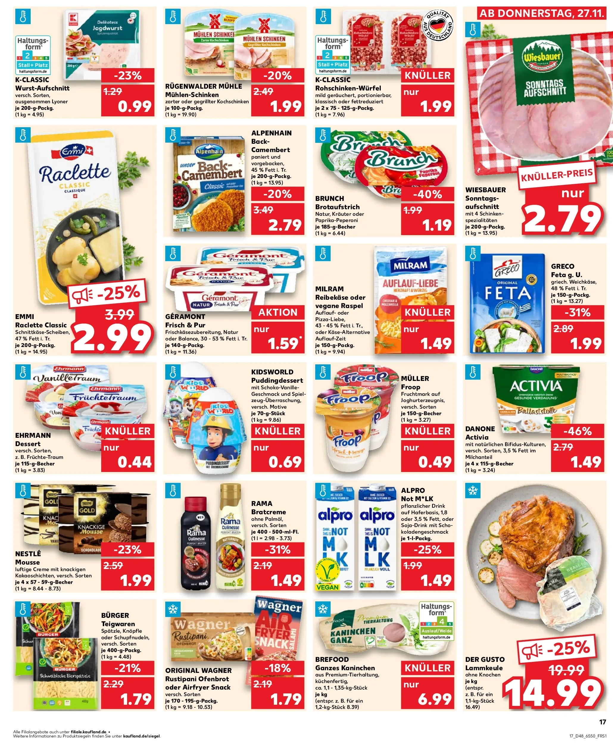 Prospekt Kaufland ab 27.11.2025 » Angebote Online zum Blättern | Seite: 17 | Produkte: Lammkeule, Danone activia, Burger, Alpro