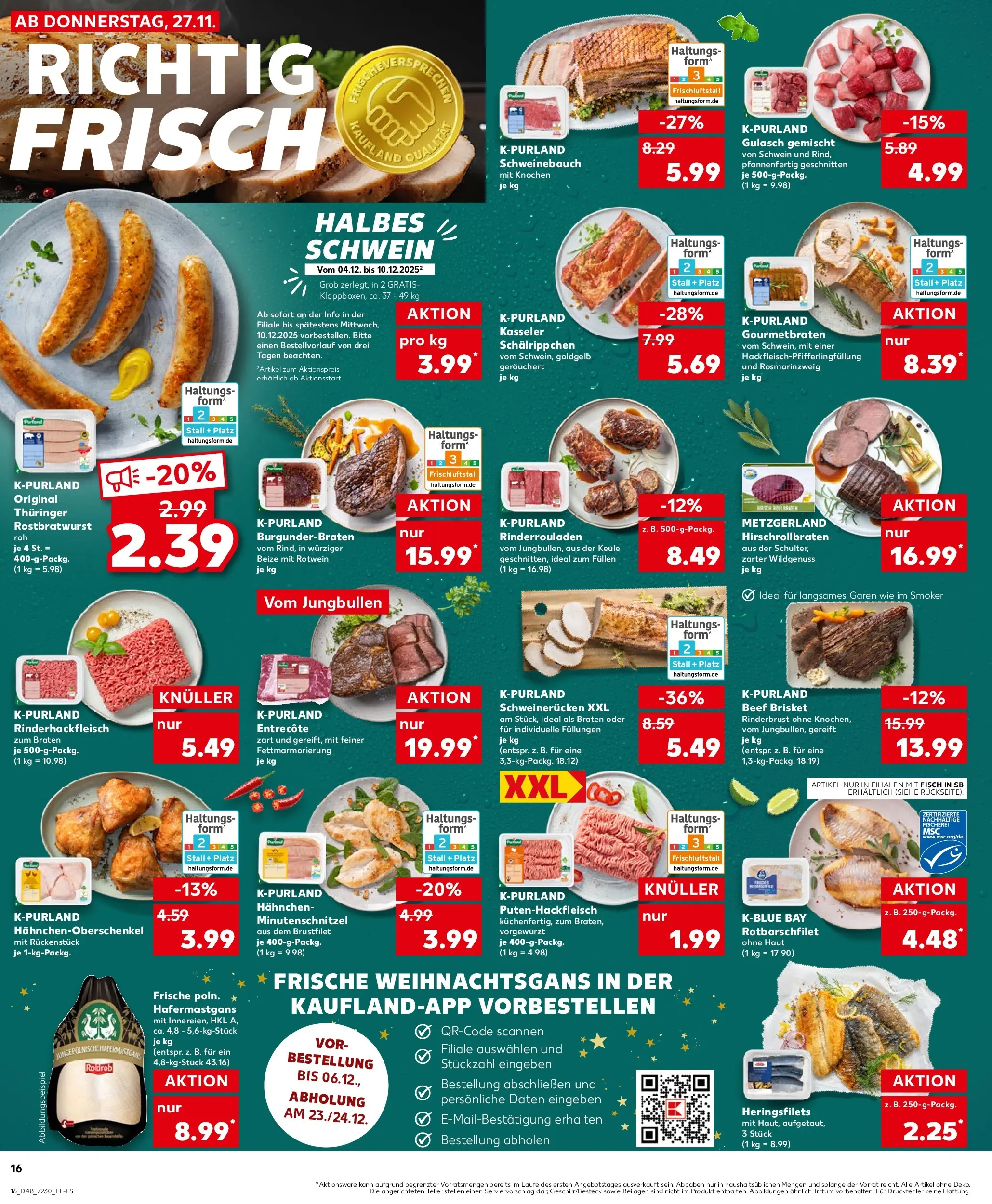 Prospekt Kaufland ab 27.11.2025 » Angebote Online zum Blättern | Seite: 16 | Produkte: Hahnchen, Entrecote, Fisch, Gulasch