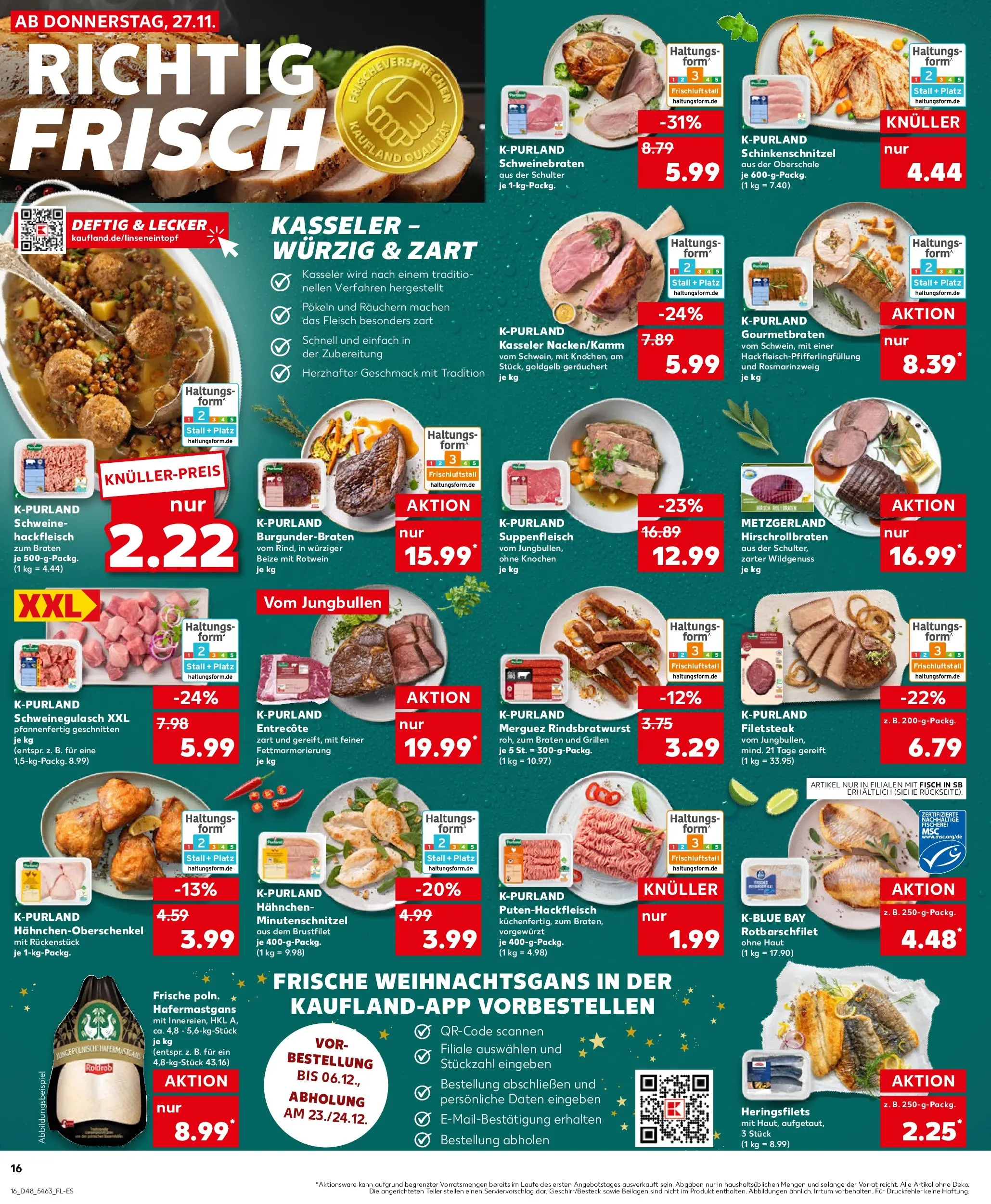 Prospekt Kaufland ab 27.11.2025 » Angebote Online zum Blättern | Seite: 16 | Produkte: Schweinegulasch, Rotwein, Fisch, Suppenfleisch