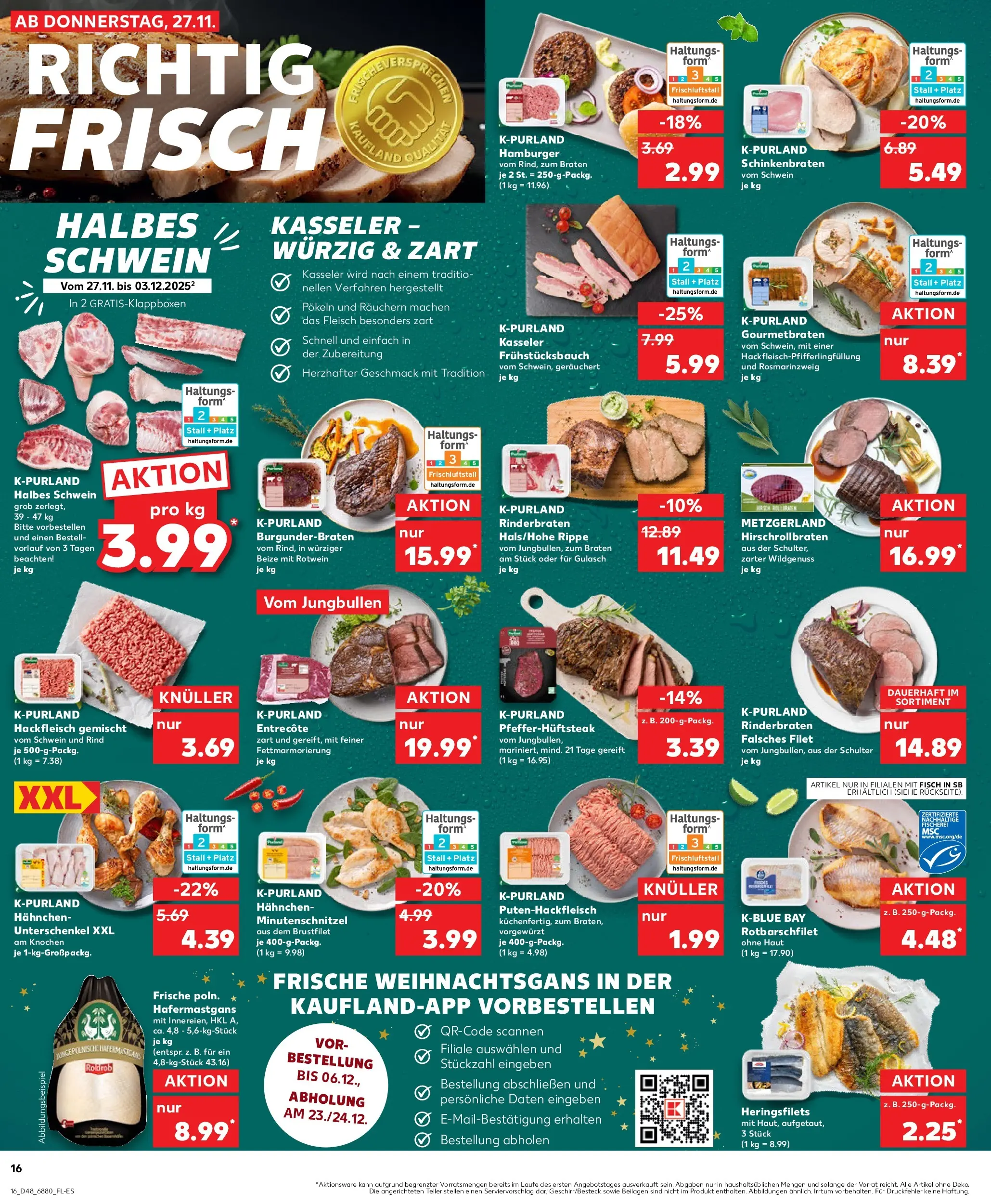 Prospekt Kaufland ab 27.11.2025 » Angebote Online zum Blättern | Seite: 16 | Produkte: Hahnchen, Entrecote, Fisch, Steak