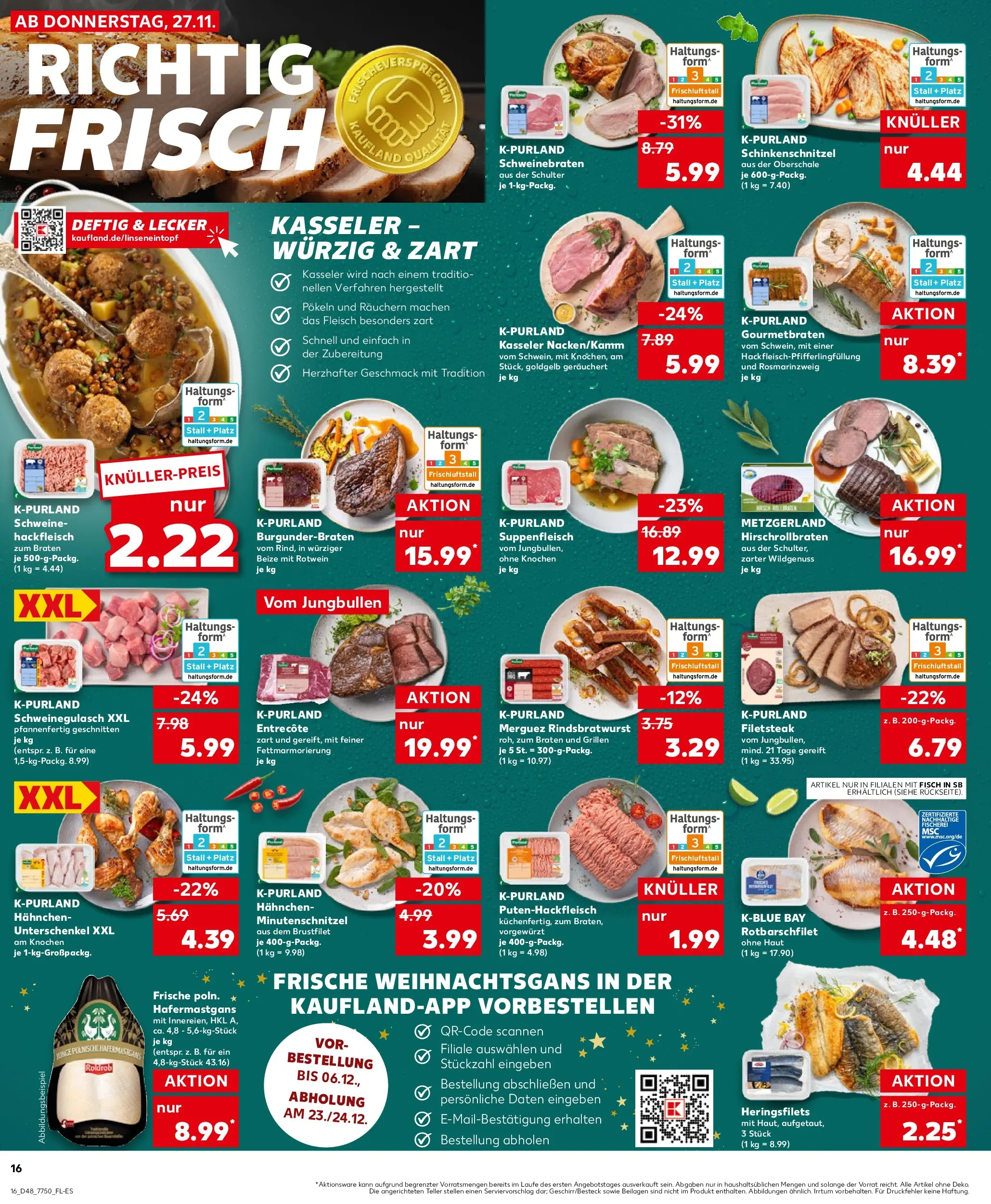 Prospekt Kaufland ab 27.11.2025 » Angebote Online zum Blättern | Seite: 16 | Produkte: Schweinegulasch, Entrecote, Suppenfleisch, Fleisch
