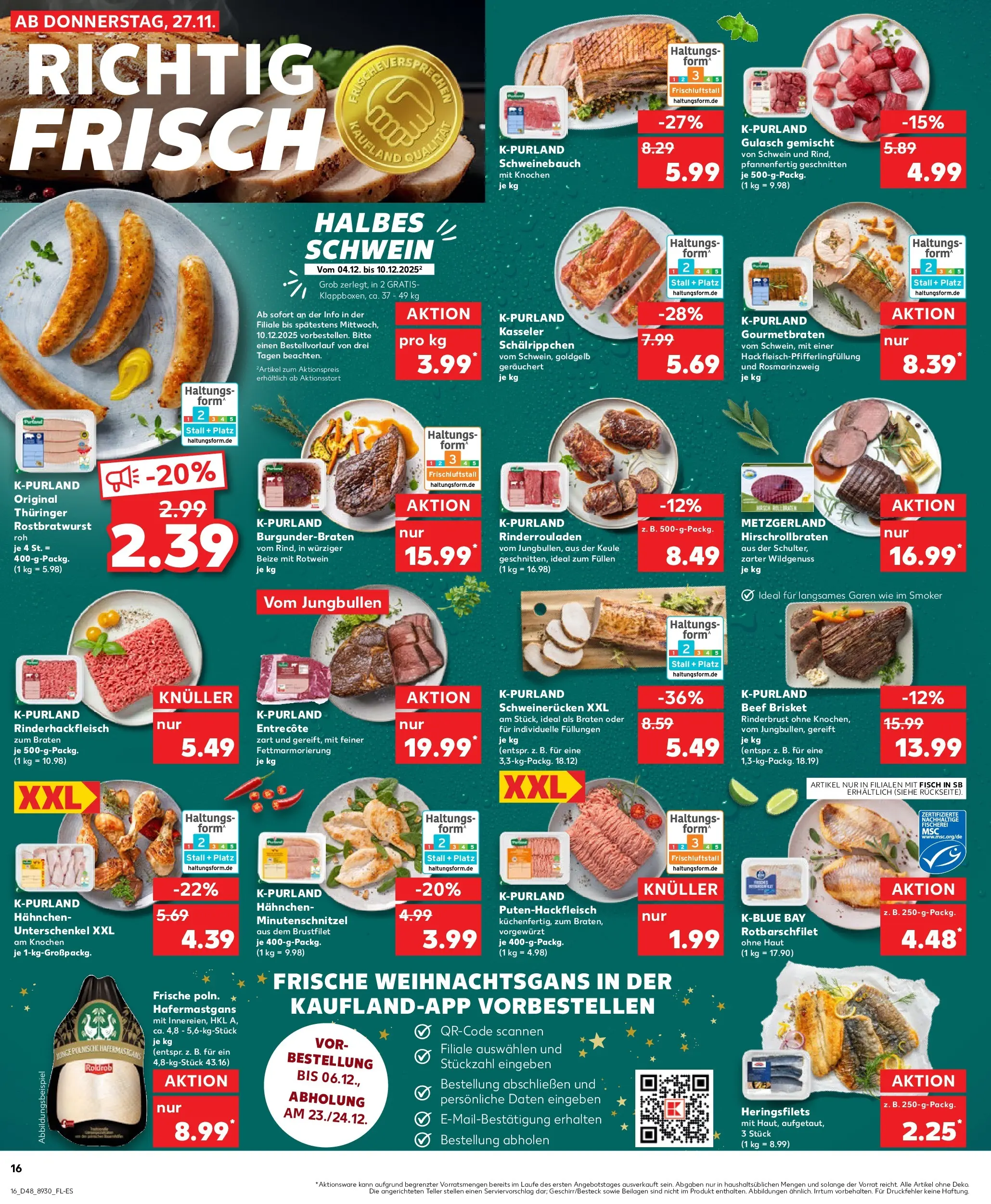 Prospekt Kaufland ab 26.11.2025 » Angebote Online zum Blättern | Seite: 16 | Produkte: Rinderrouladen, Hahnchen, Fisch, Schweinerucken