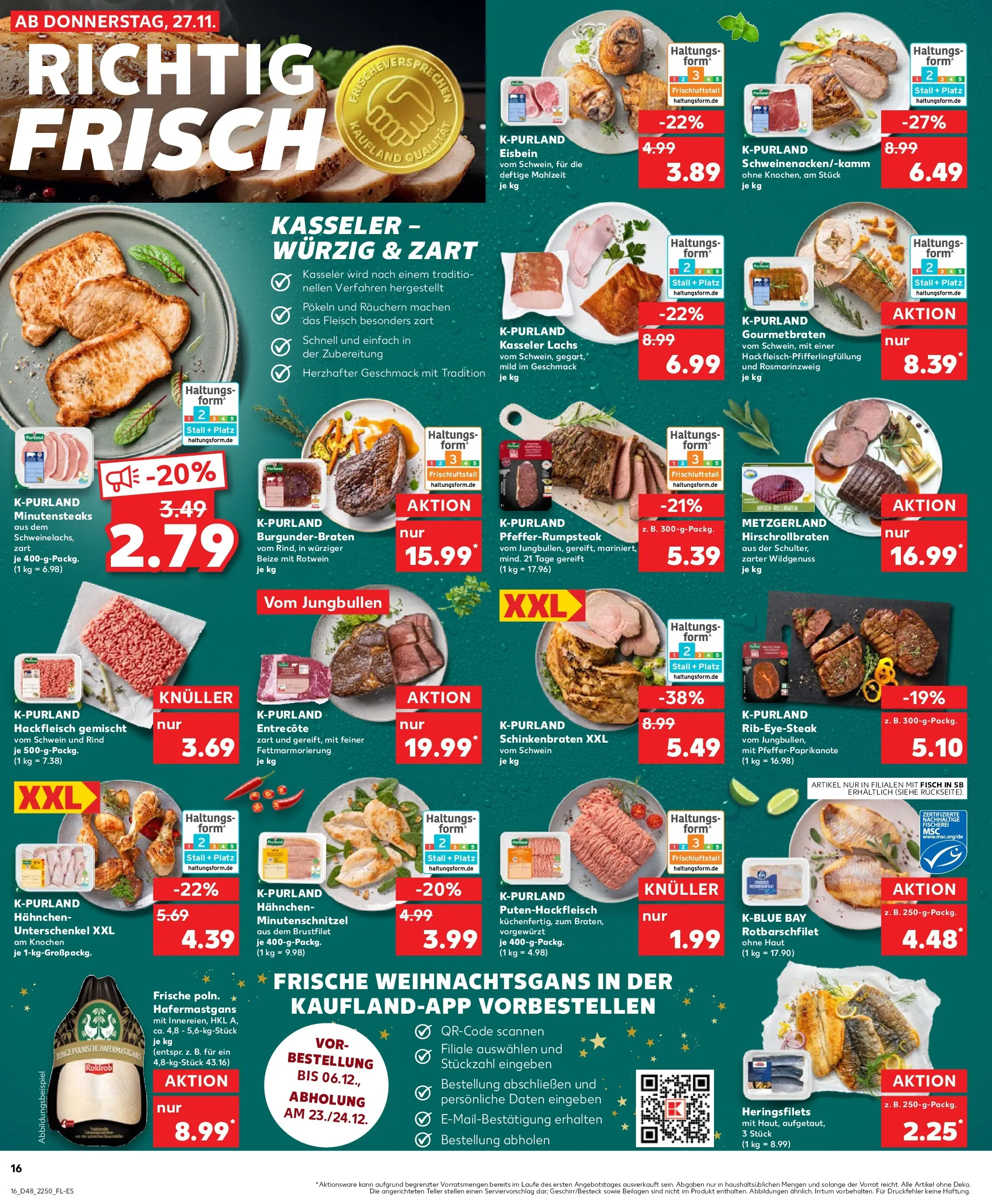 Prospekt Kaufland ab 27.11.2025 » Angebote Online zum Blättern | Seite: 16 | Produkte: Hahnchen, Entrecote, Lachs, Hackfleisch