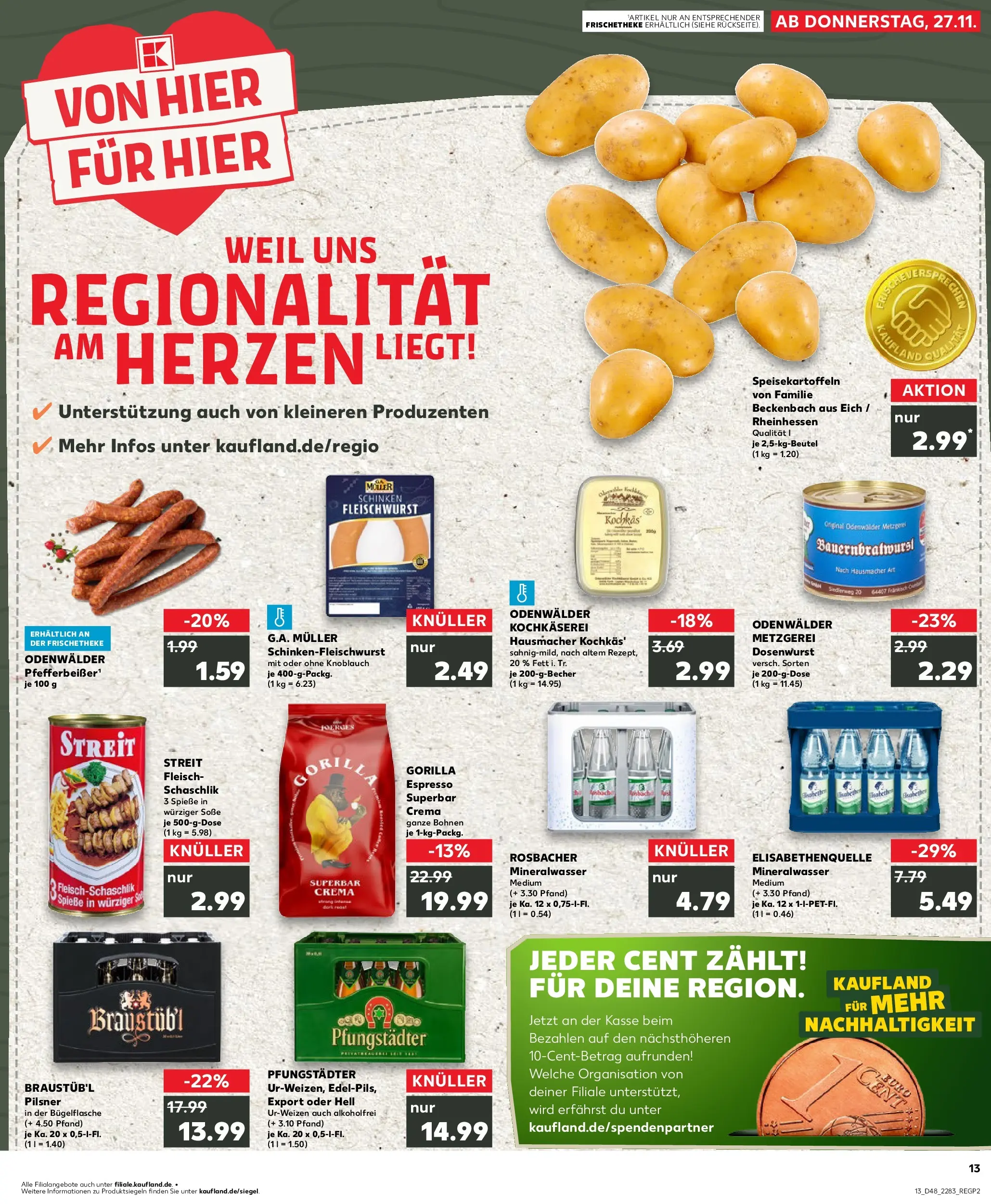 Prospekt Kaufland ab 27.11.2025 » Angebote Online zum Blättern | Seite: 13 | Produkte: Mineralwasser, Knoblauch, Schinken, Fleisch