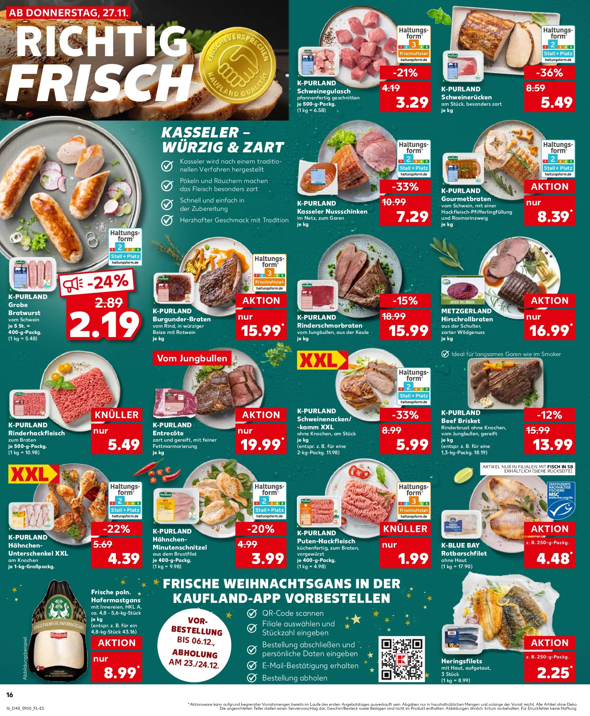 Prospekt Kaufland ab 27.11.2025 » Angebote Online zum Blättern | Seite: 16 | Produkte: Schweinegulasch, Rotwein, Bratwurst, Fisch