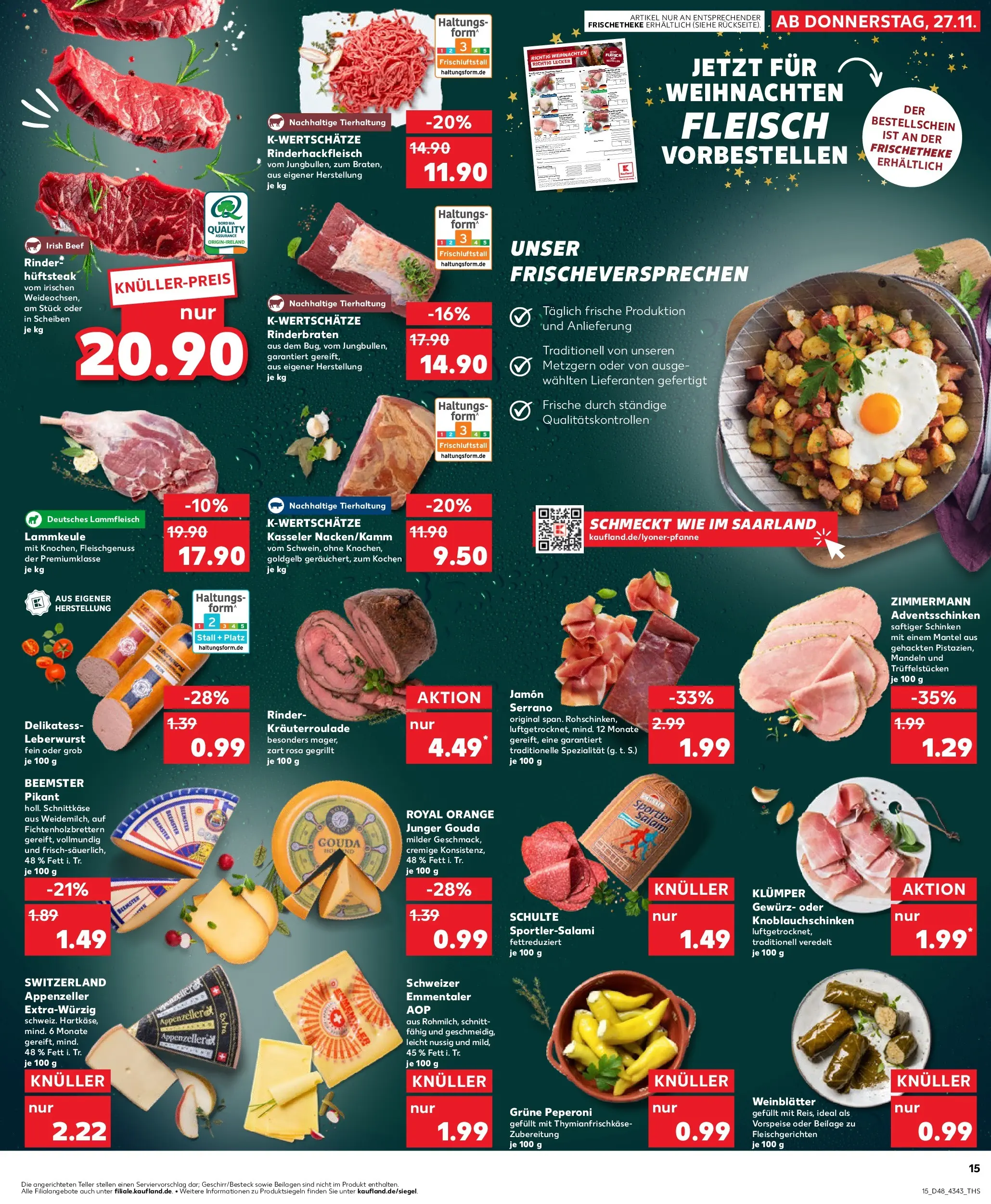 Prospekt Kaufland ab 27.11.2025 » Angebote Online zum Blättern | Seite: 15 | Produkte: Lammkeule, Gouda, Mantel, Schinken