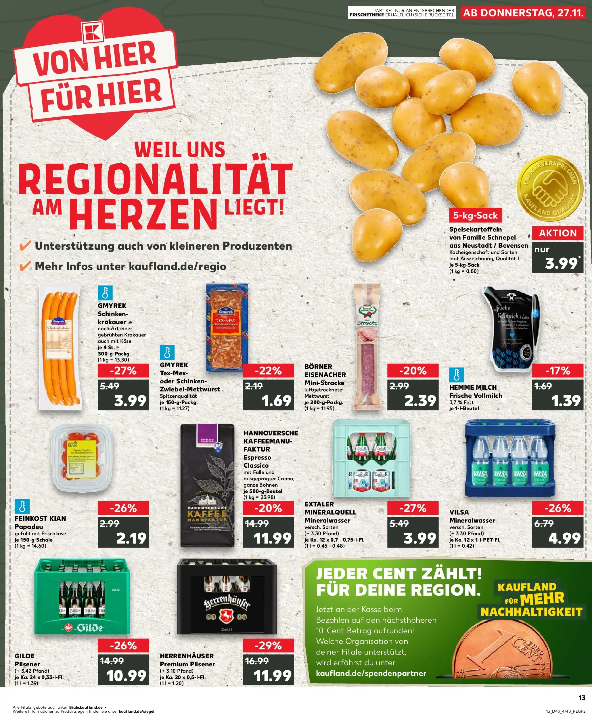 Prospekt Kaufland ab 27.11.2025 » Angebote Online zum Blättern | Seite: 1 | Produkte: Milch, Kaffee, Mineralwasser, Frischkase